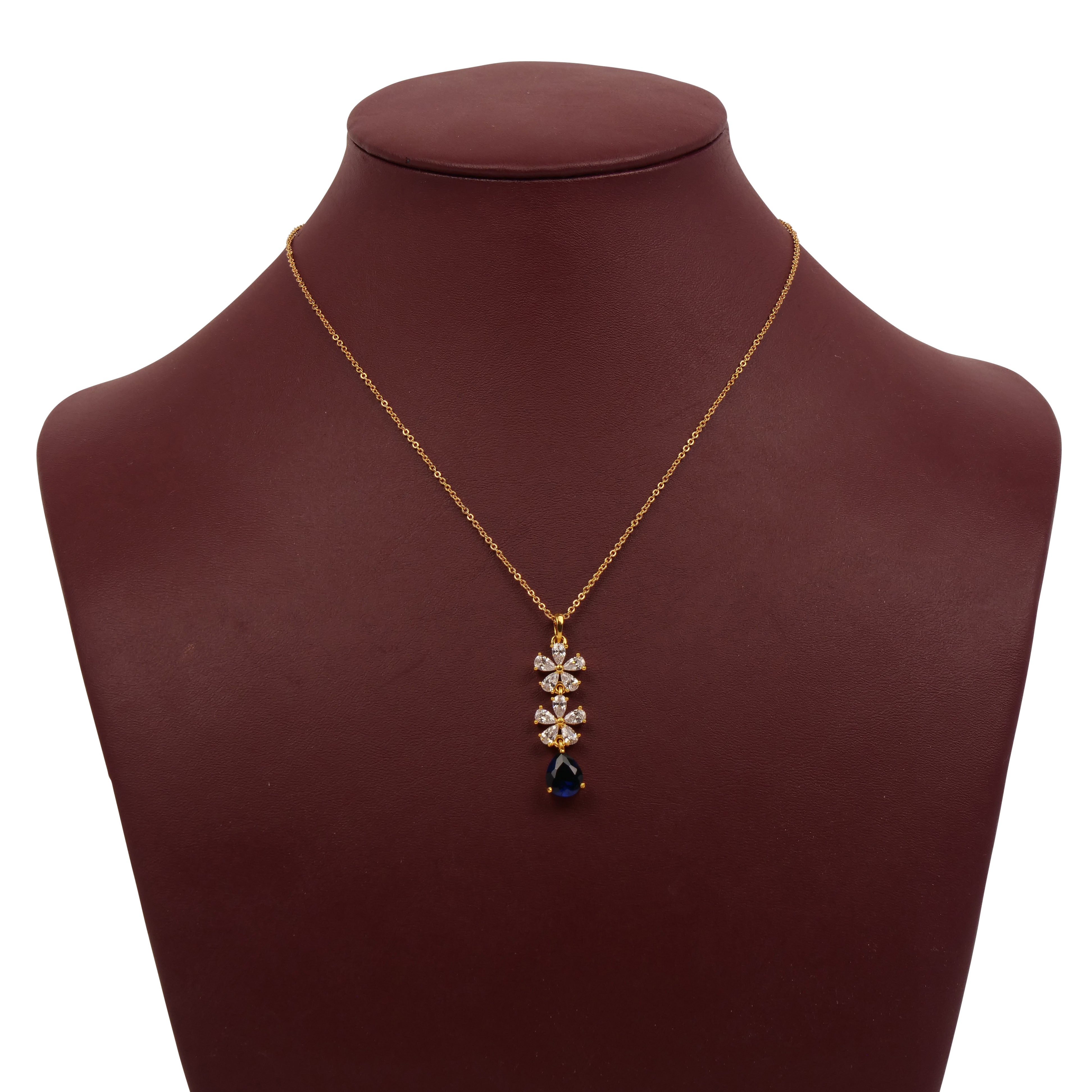 Amora Cubic Zirconia Floral Pendant Set in Navy Blue