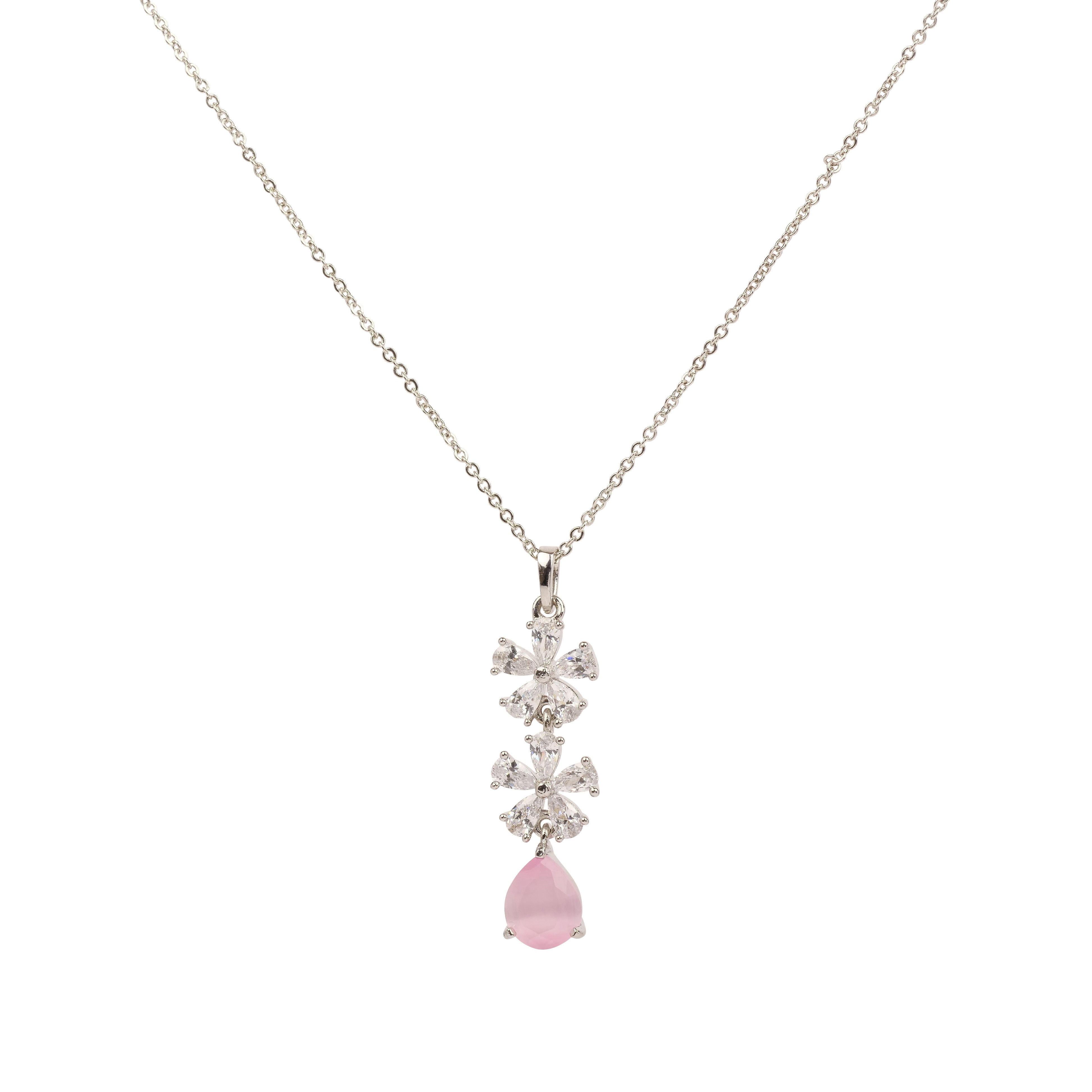 Amora Cubic Zirconia Floral Pendant Set in Light Pink and Rhodium
