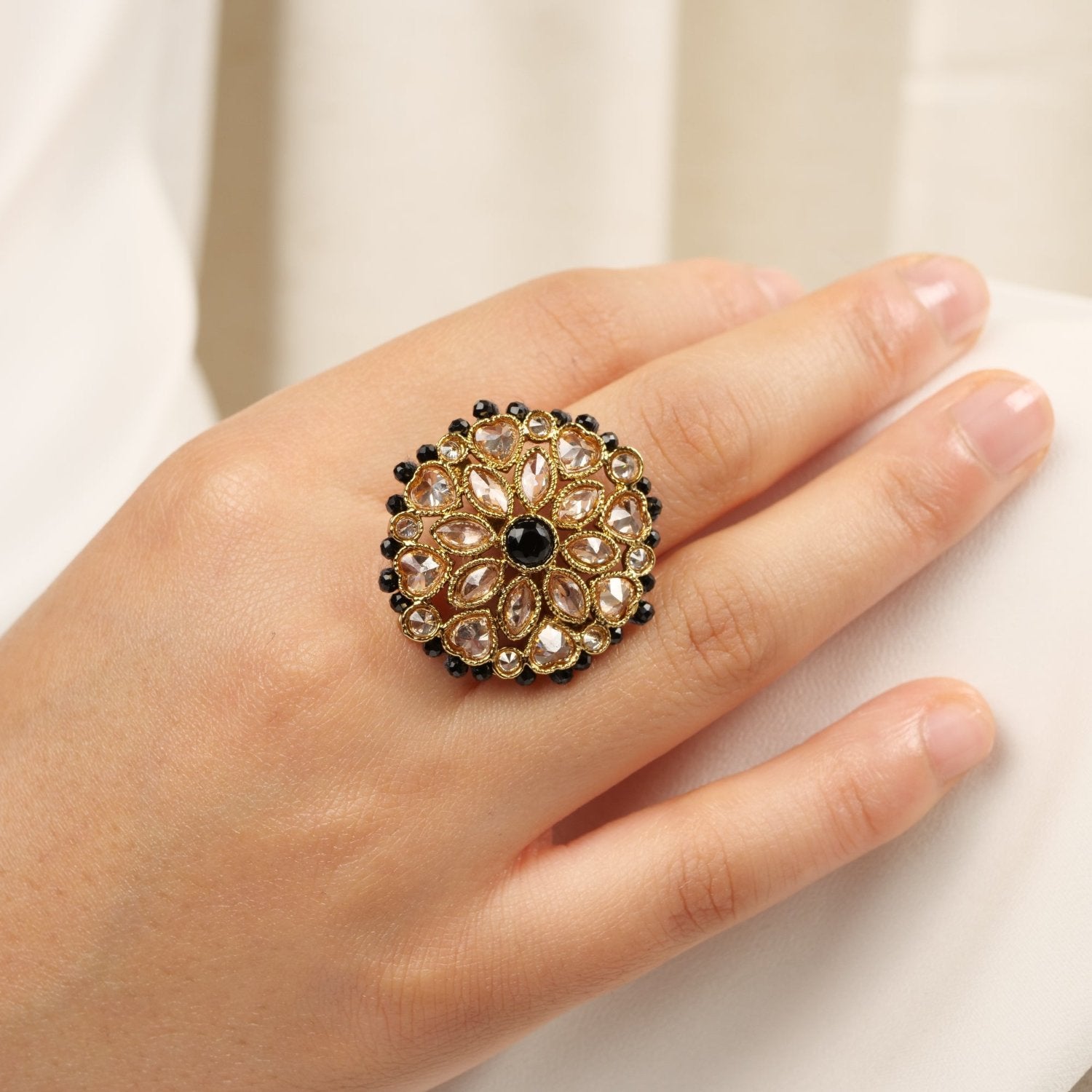 Classic Floral Oversized Ring in Black