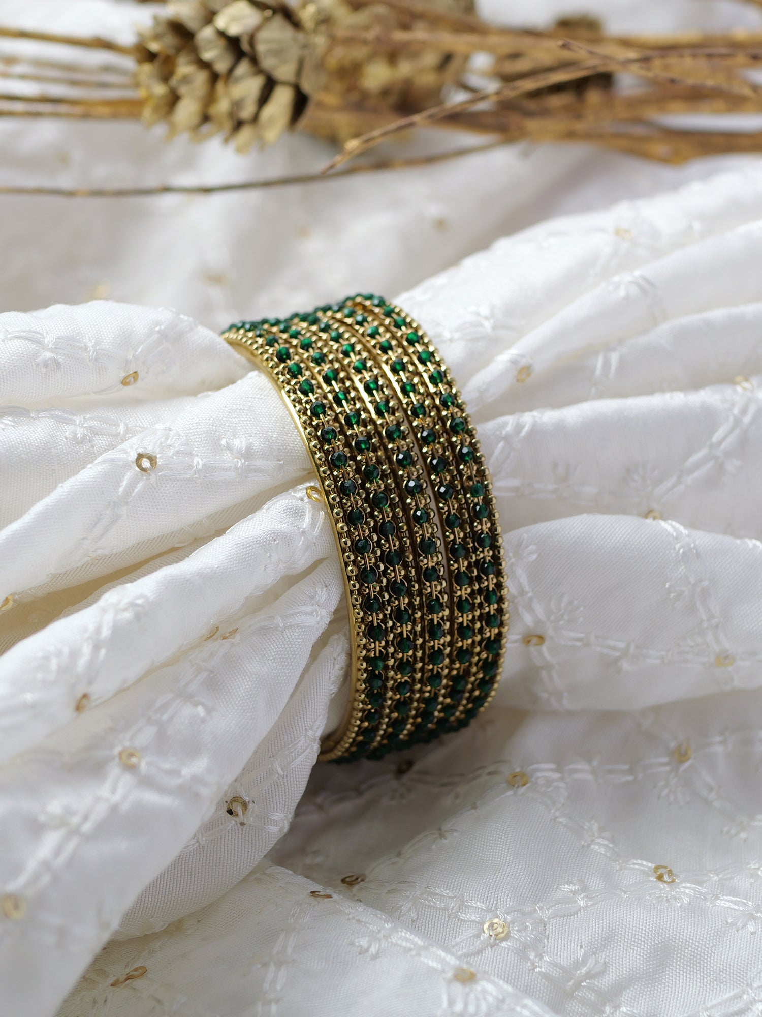 Damini Bangle Set in Green and Antique Gold