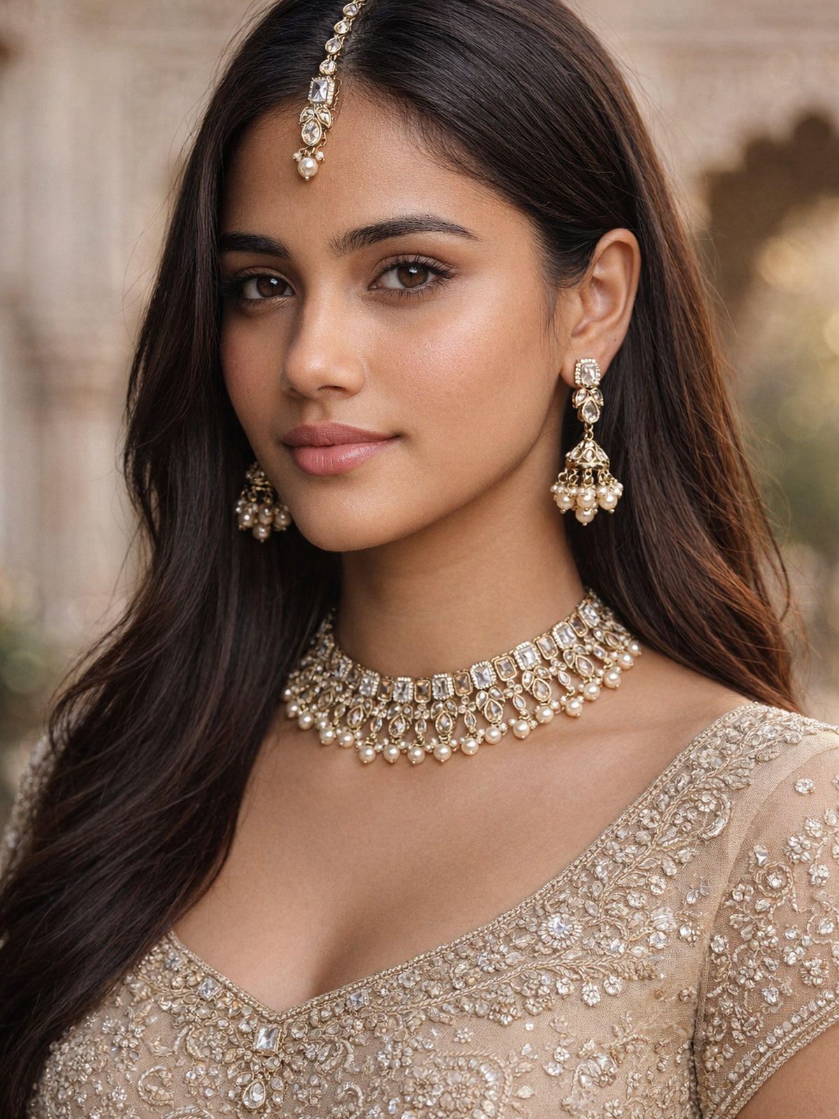 Devanshi Necklace Set in White and Champagne 