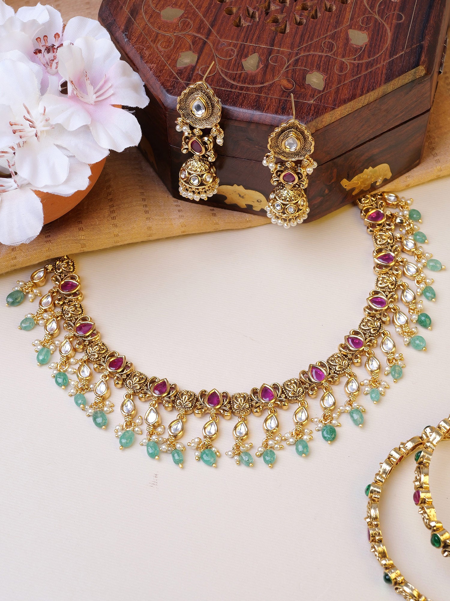 Devira Kundan Necklace Set in Hot Pink and Light Green