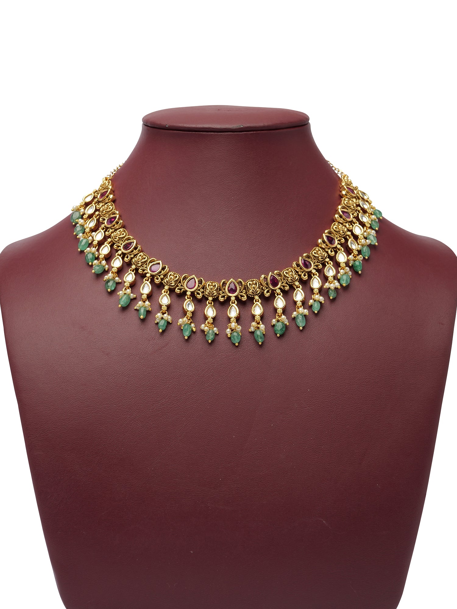 Devira Kundan Necklace Set in Hot Pink and Light Green