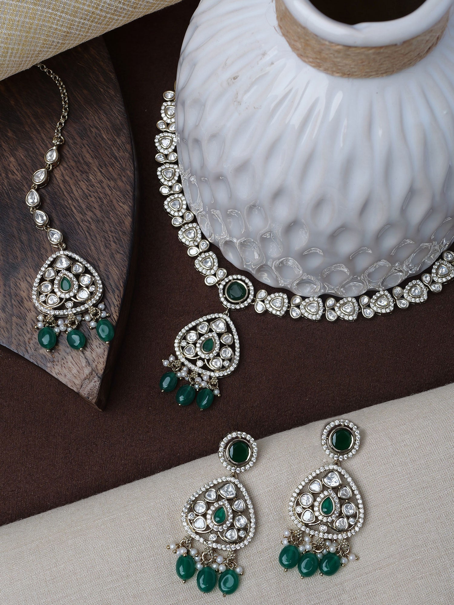 Divya Kundan Necklace Set in Green