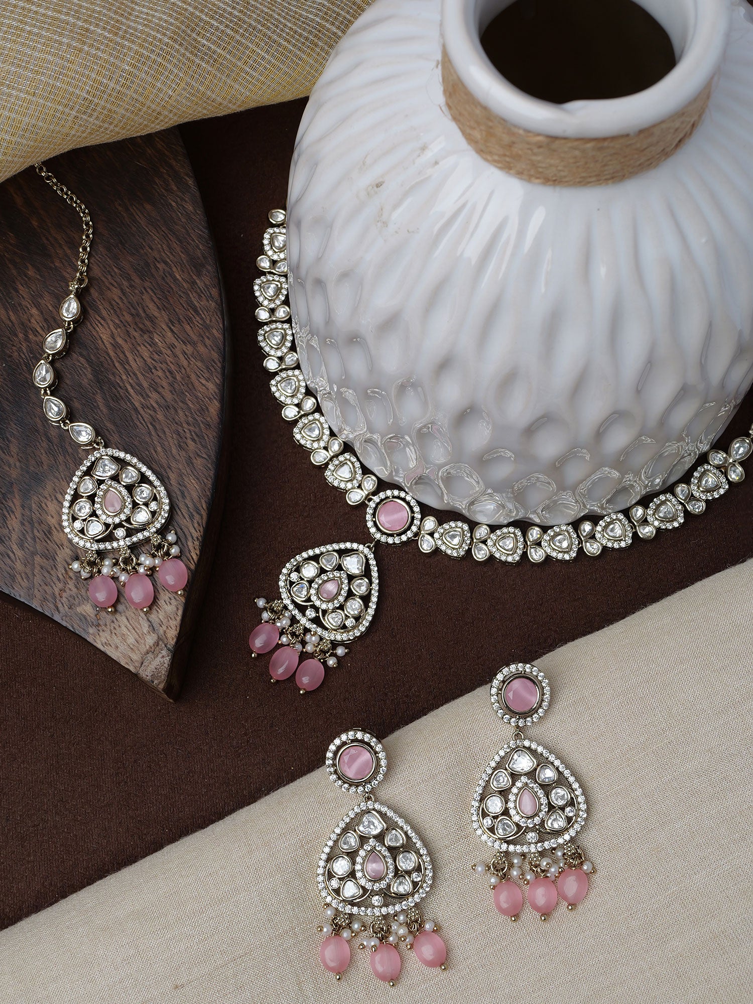 Divya Kundan Necklace Set in Pink