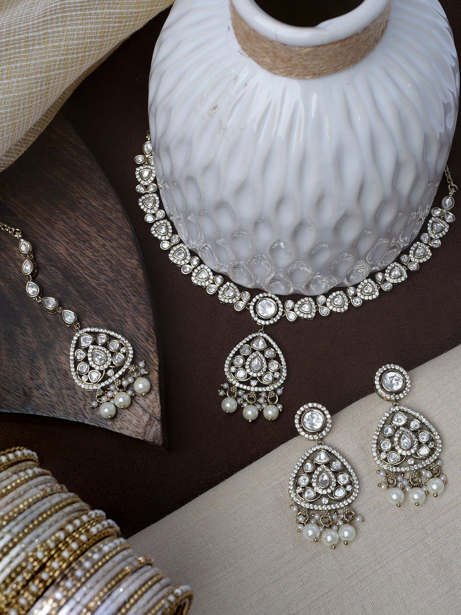 Divya Kundan Necklace Set in White
