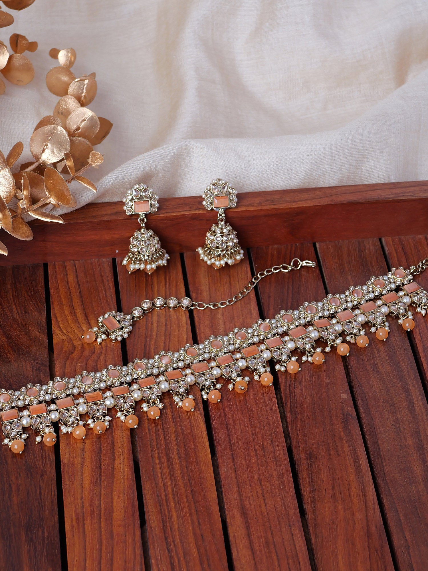 Dulari Necklace Set in Peach and Antique Gold