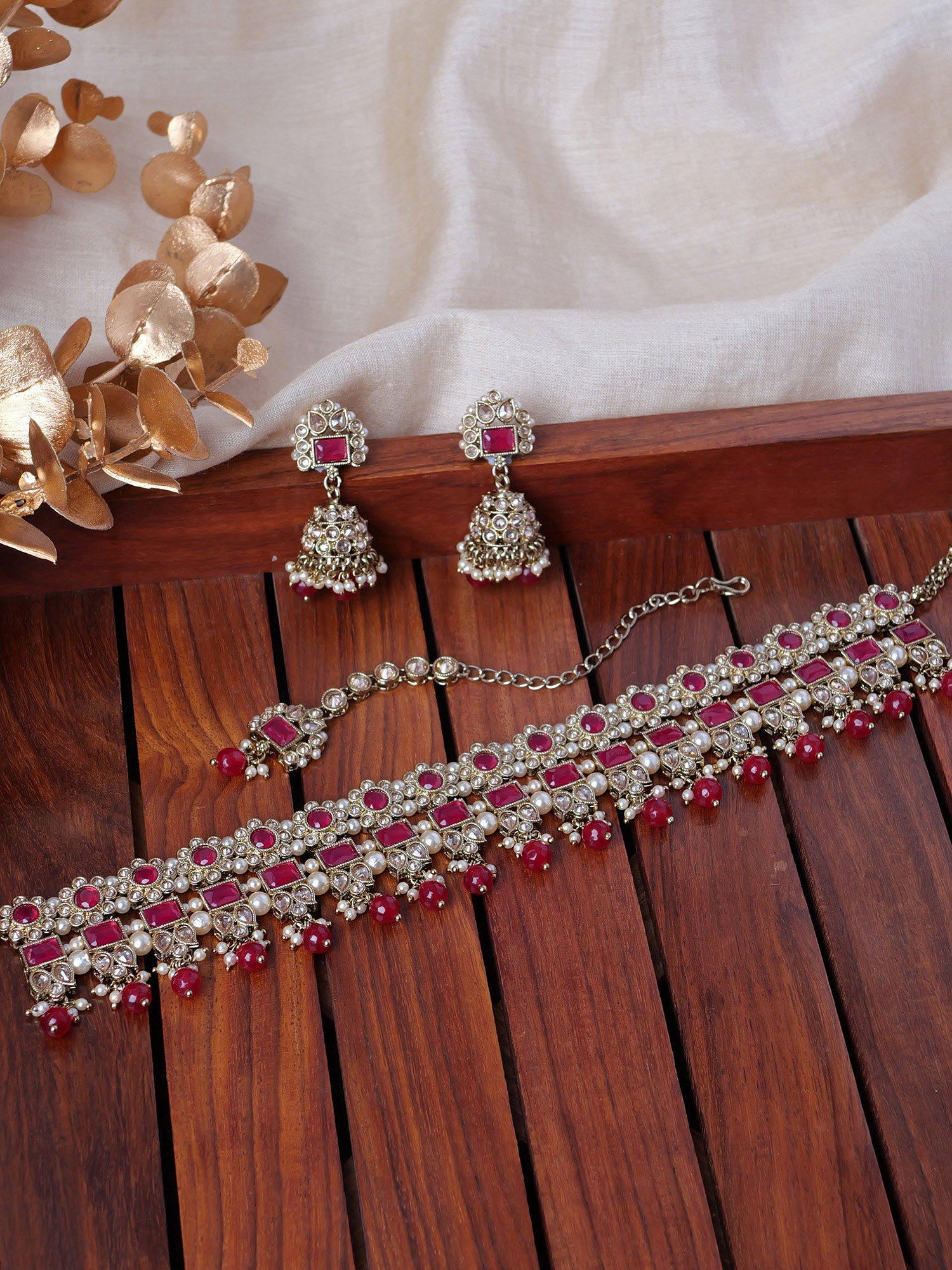 Dulari Necklace Set in Ruby and Antique Gold