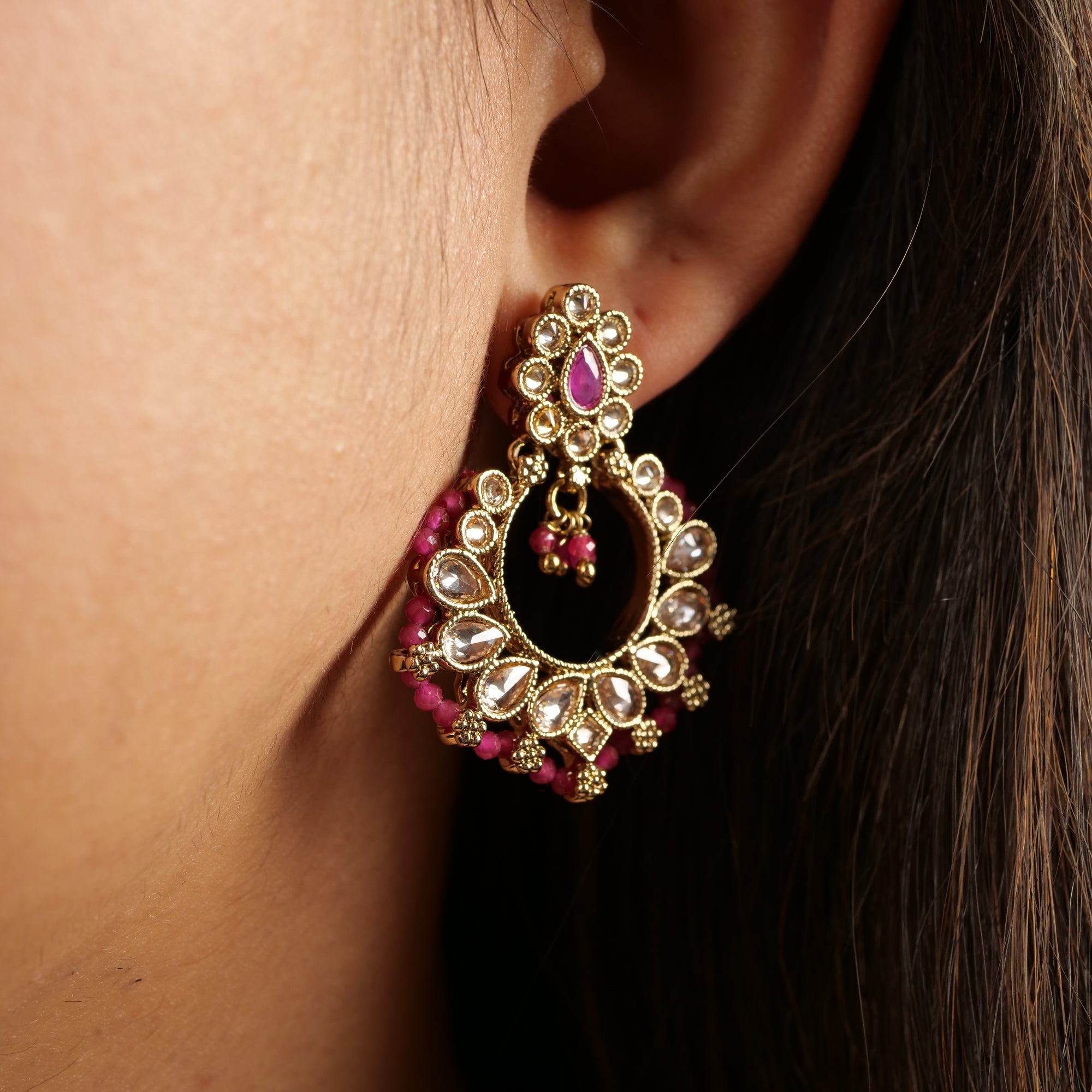 Ethnic Bead-Edge Earrings in Ruby