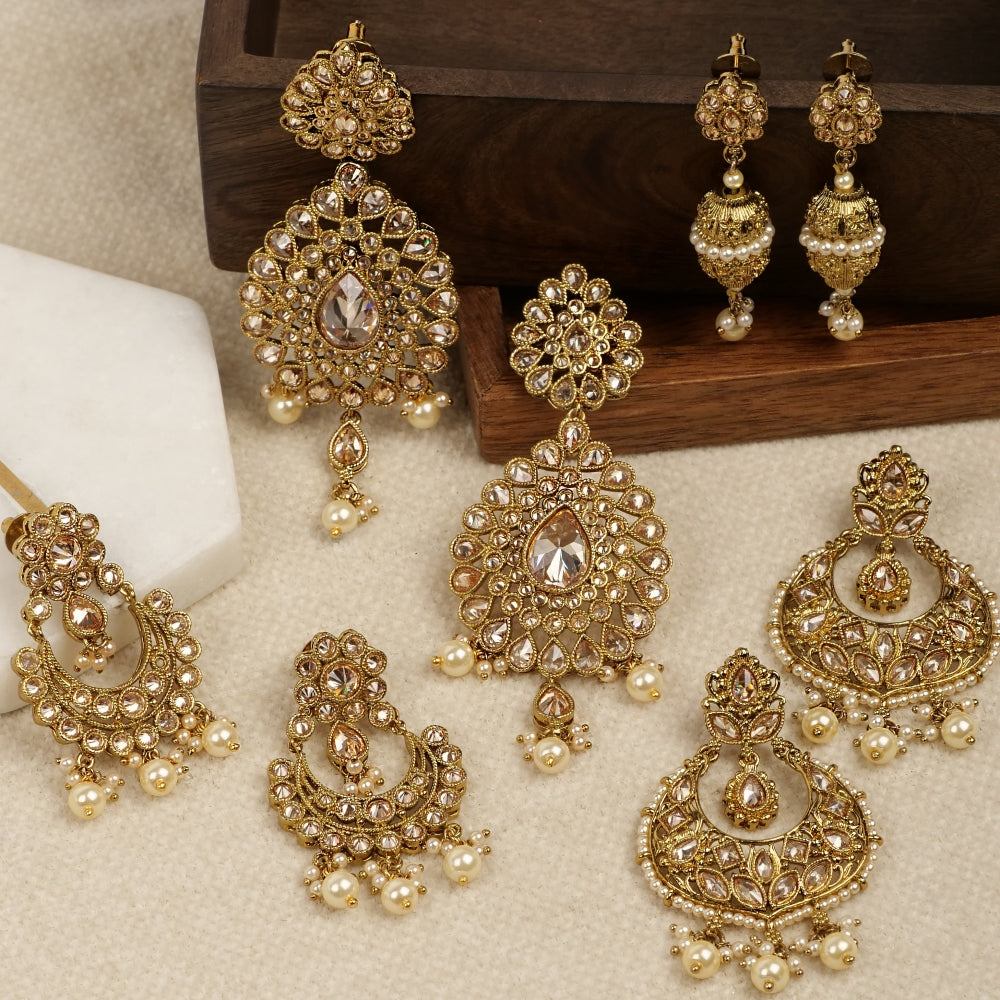 Veera Chandbali Earrings in Pearl and Antique Gold