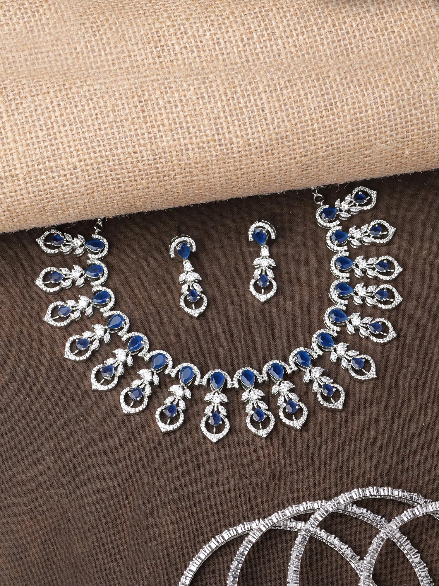 Elara Cubic Zirconia Necklace Set in Blue and Rhodium