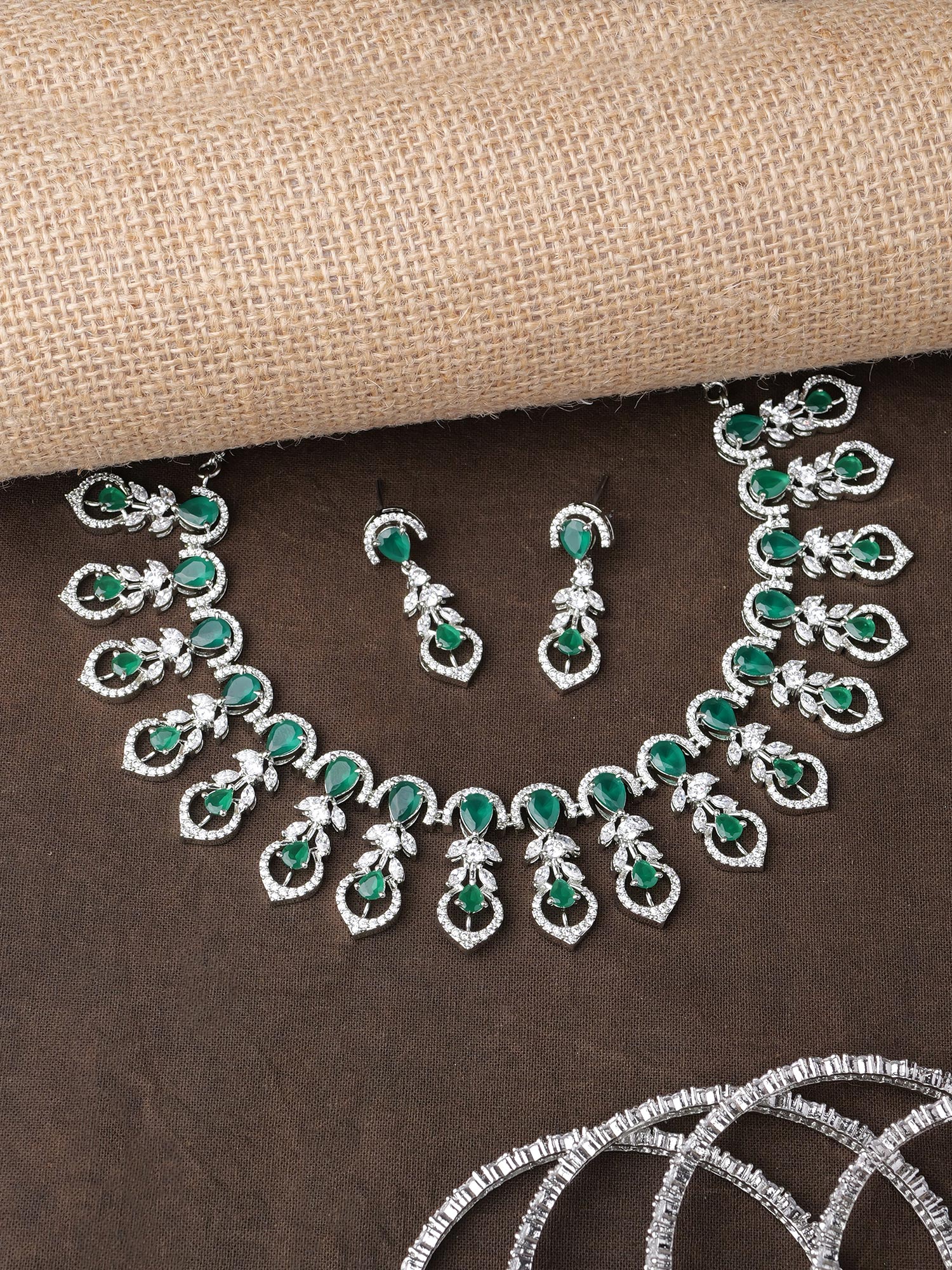 Elara Cubic Zirconia Necklace Set in Green and Rhodium