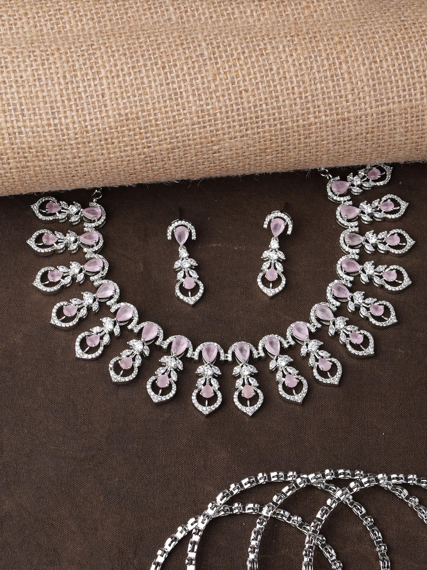 Elara Cubic Zirconia Necklace Set in Pink and Rhodium