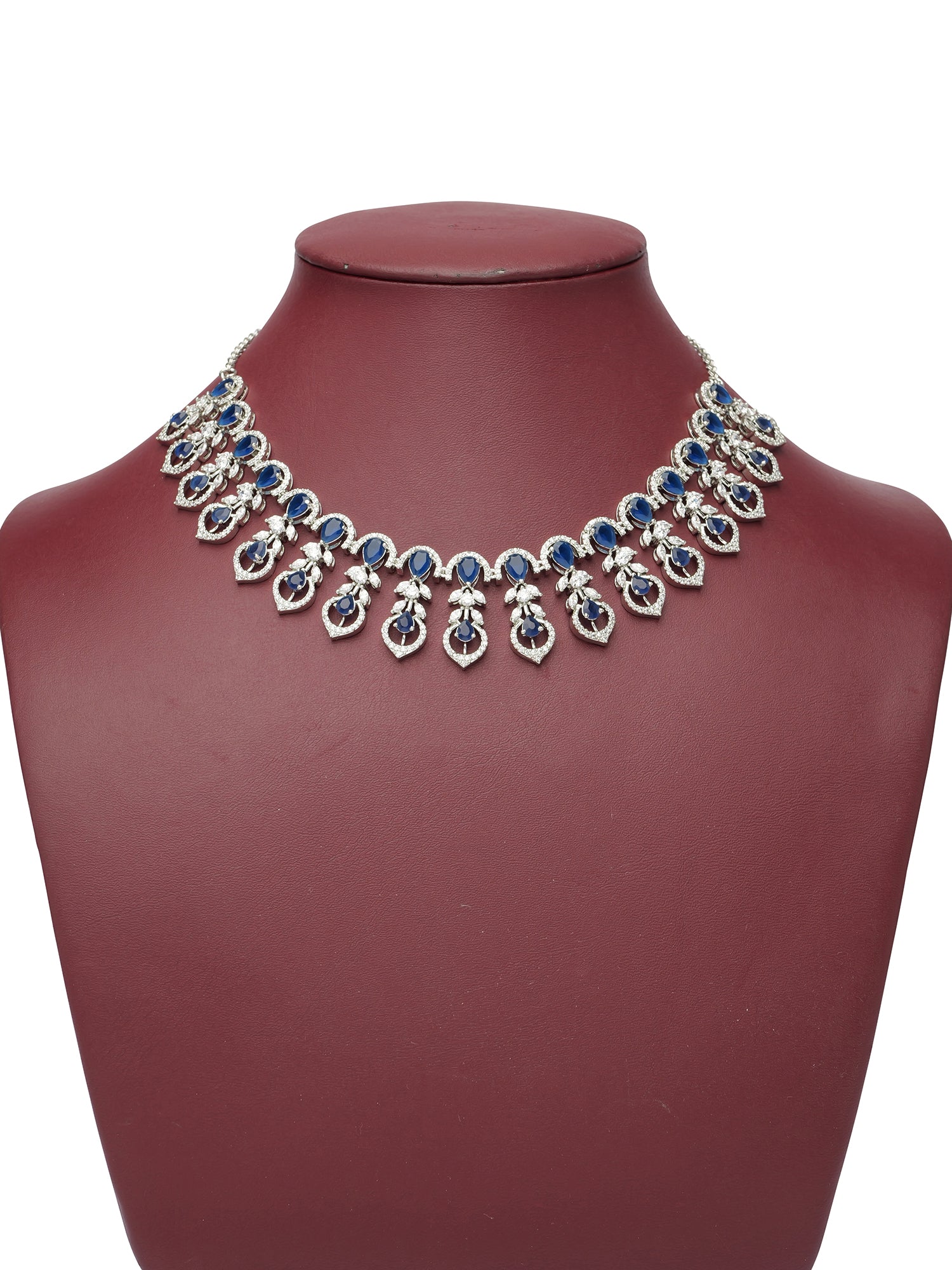 Elara Cubic Zirconia Necklace Set in Blue and Rhodium