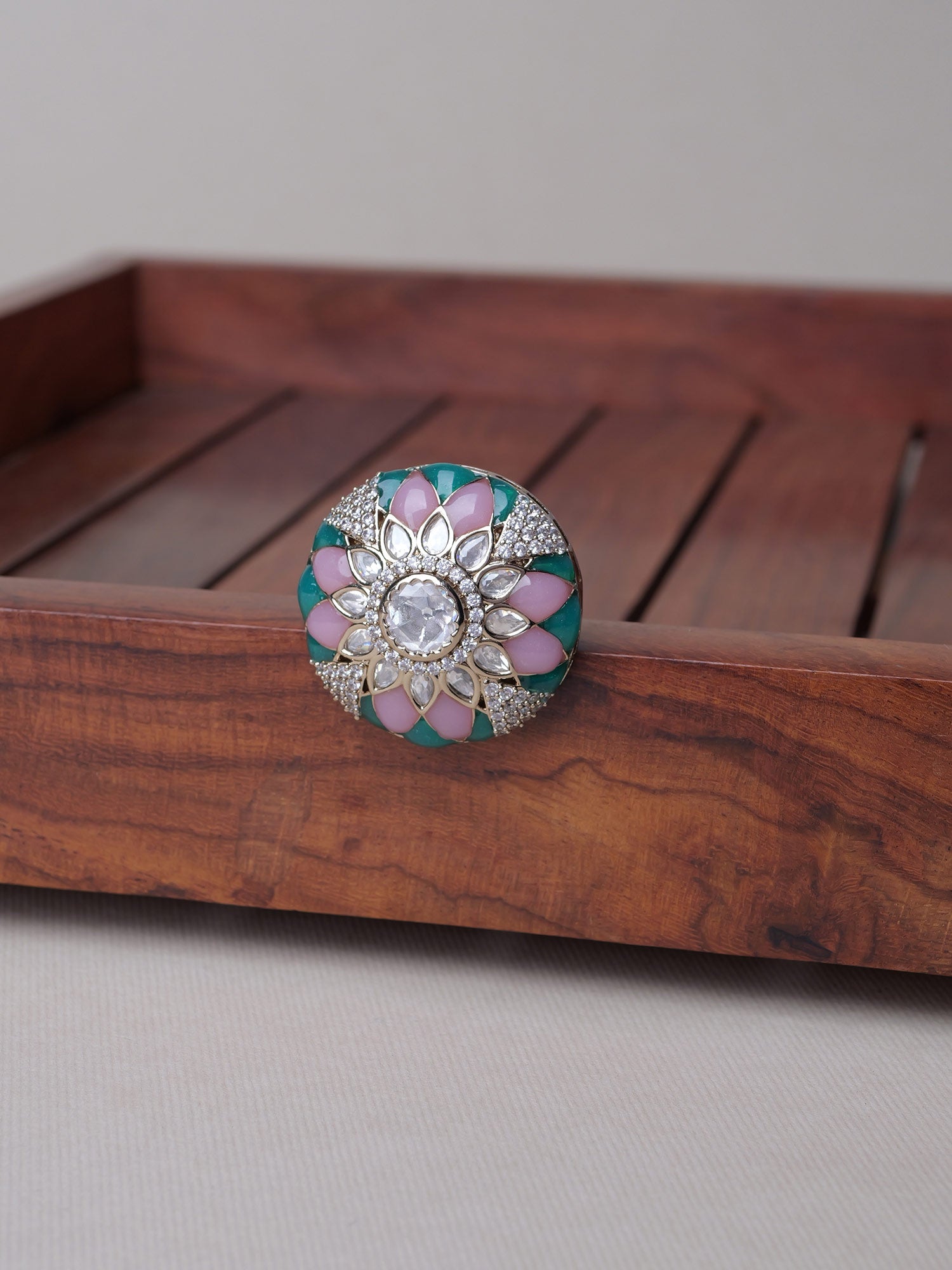 Eshara Kundan Ring in Green and Pink
