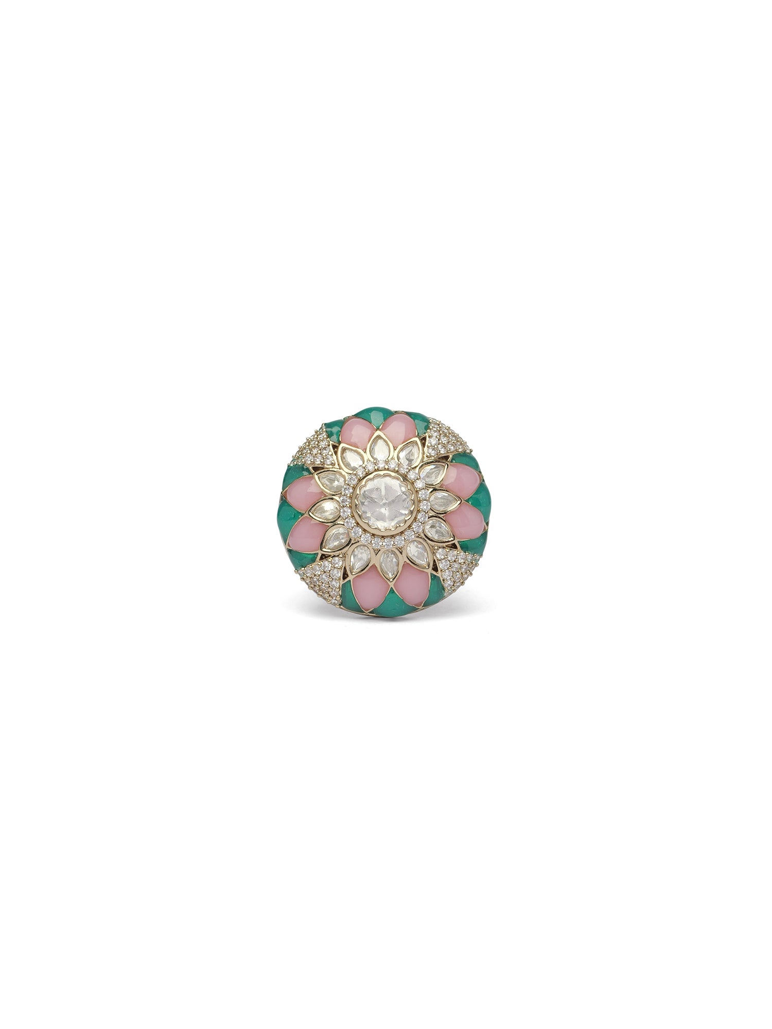 Eshara Kundan Ring in Green and Pink