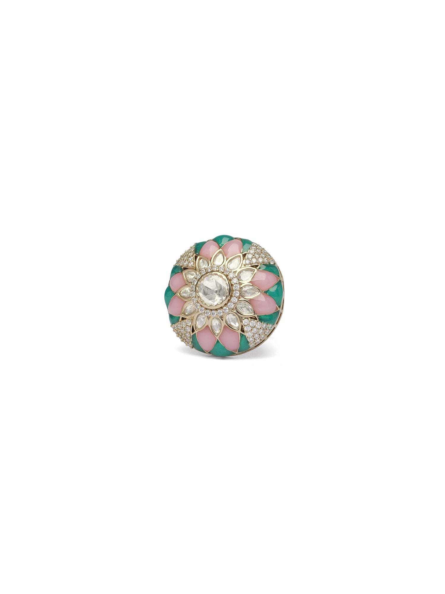 Eshara Kundan Ring in Green and Pink