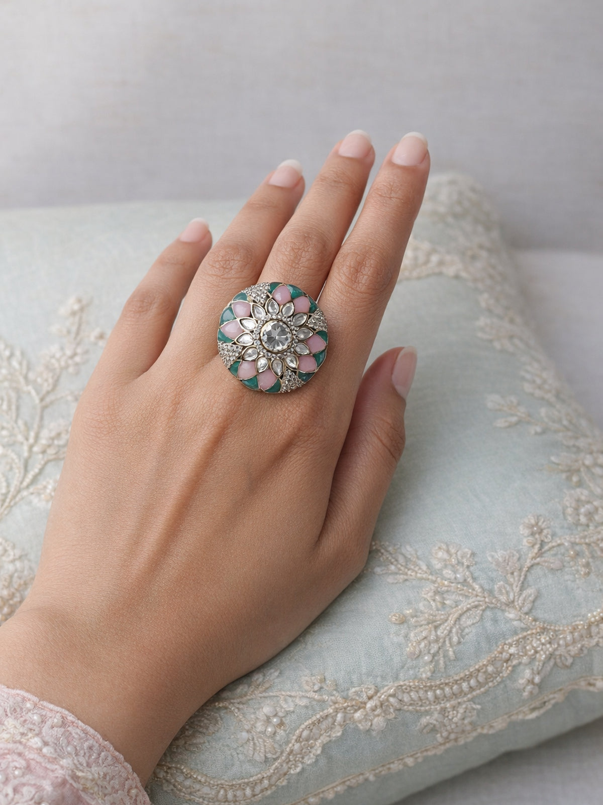 Eshara Kundan Ring in Green and Pink