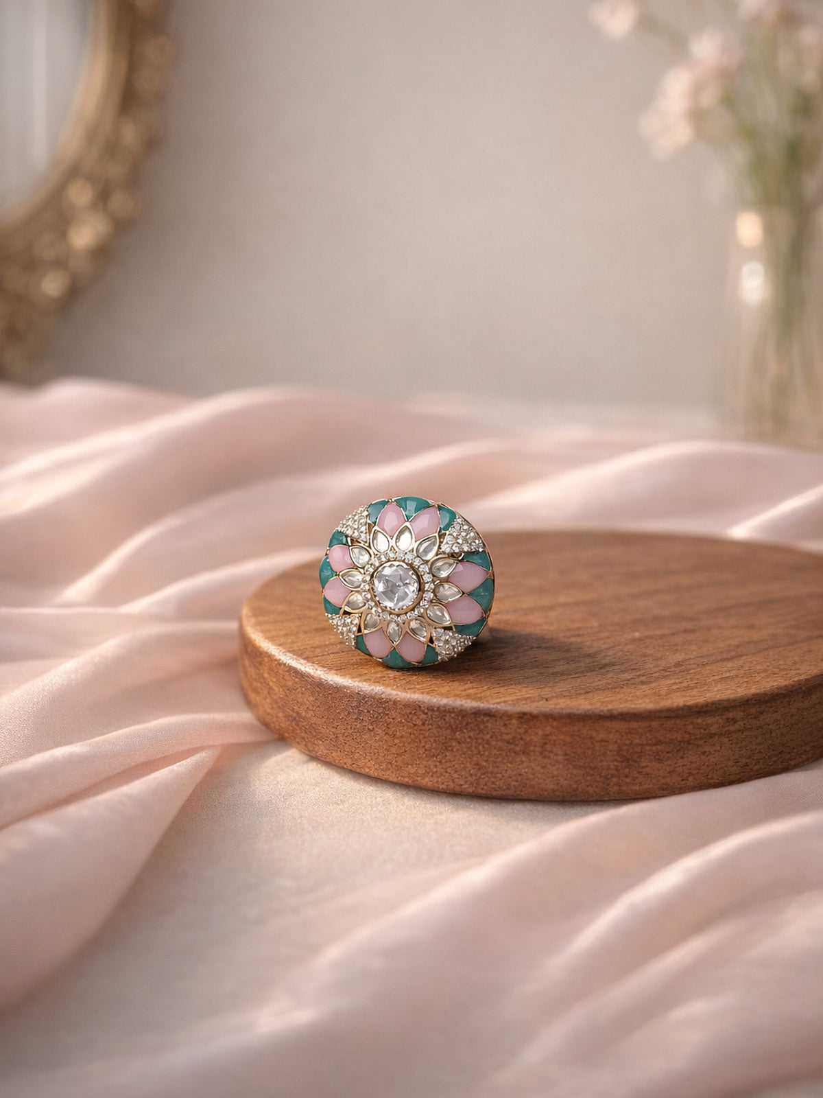 Eshara Kundan Ring in Green and Pink 