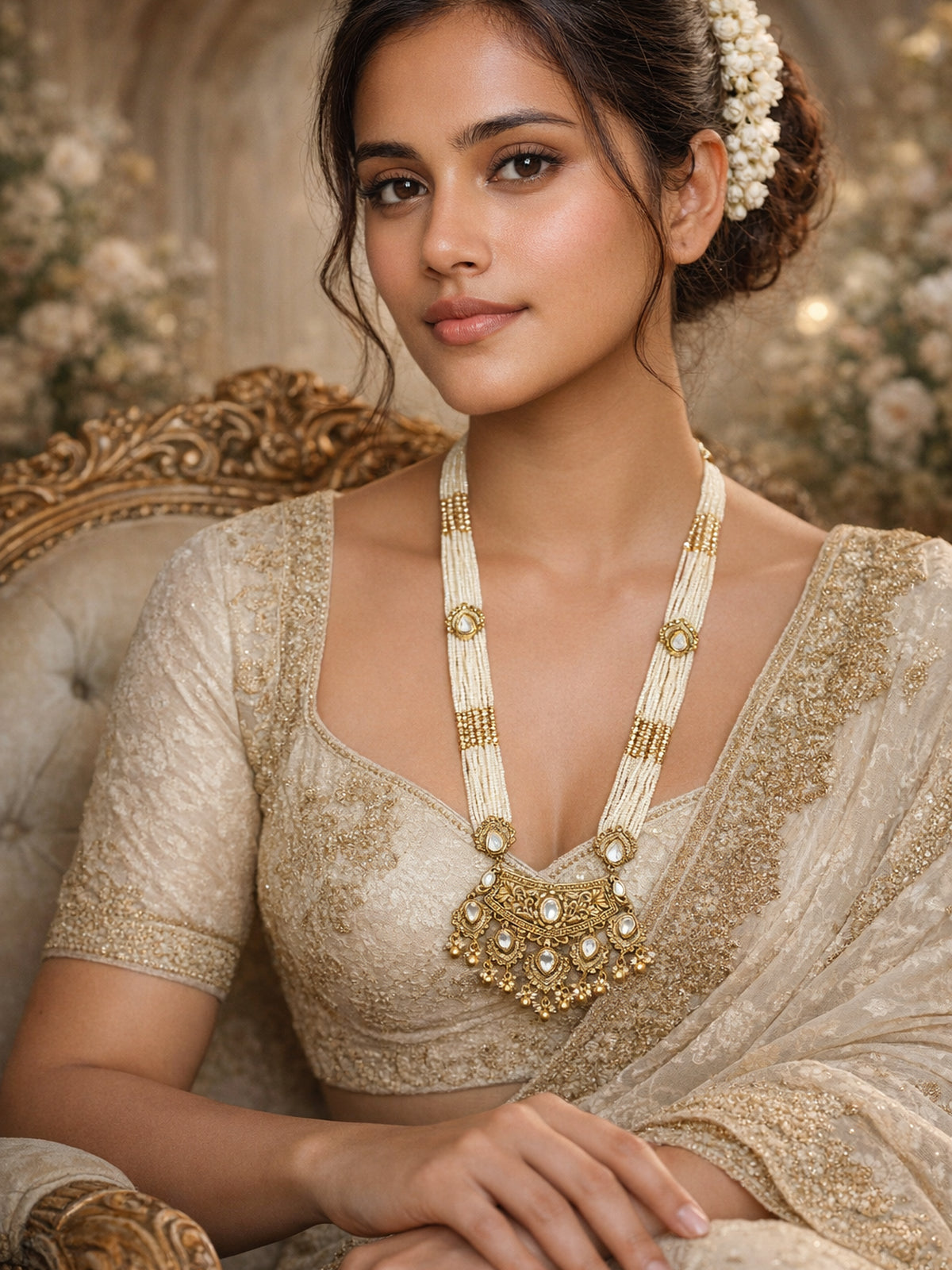 Eshita Kundan Rani Haar in White 