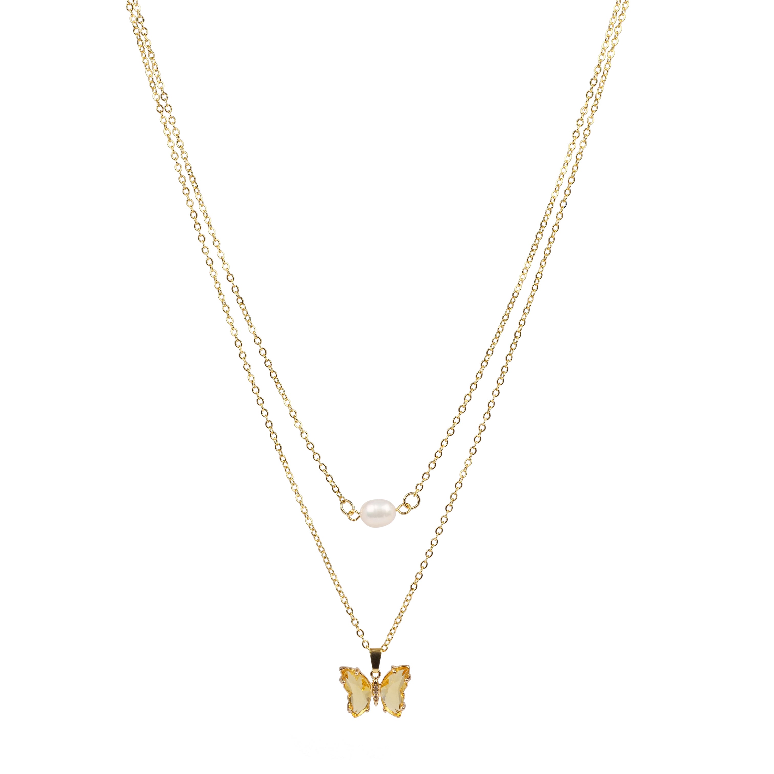 Double Chain Butterfly and Pearl Necklace
