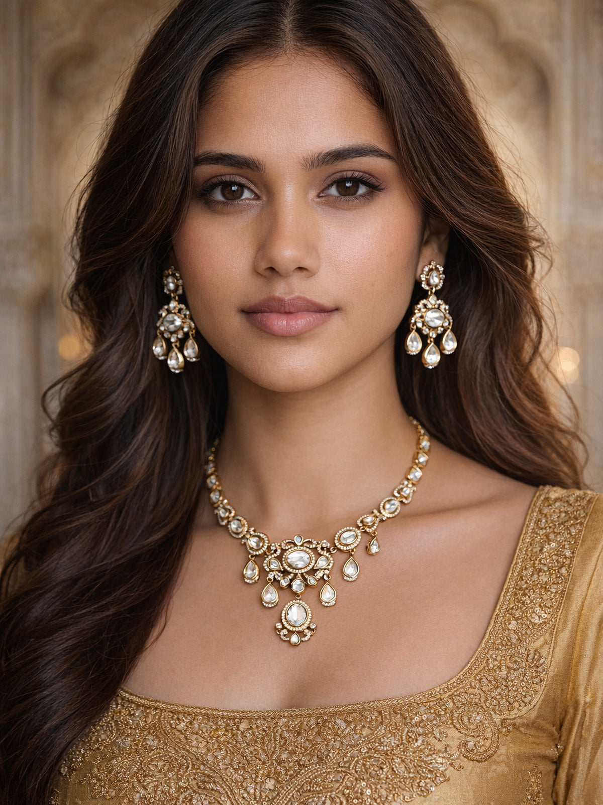 Firoza Kundan Necklace Set in White 