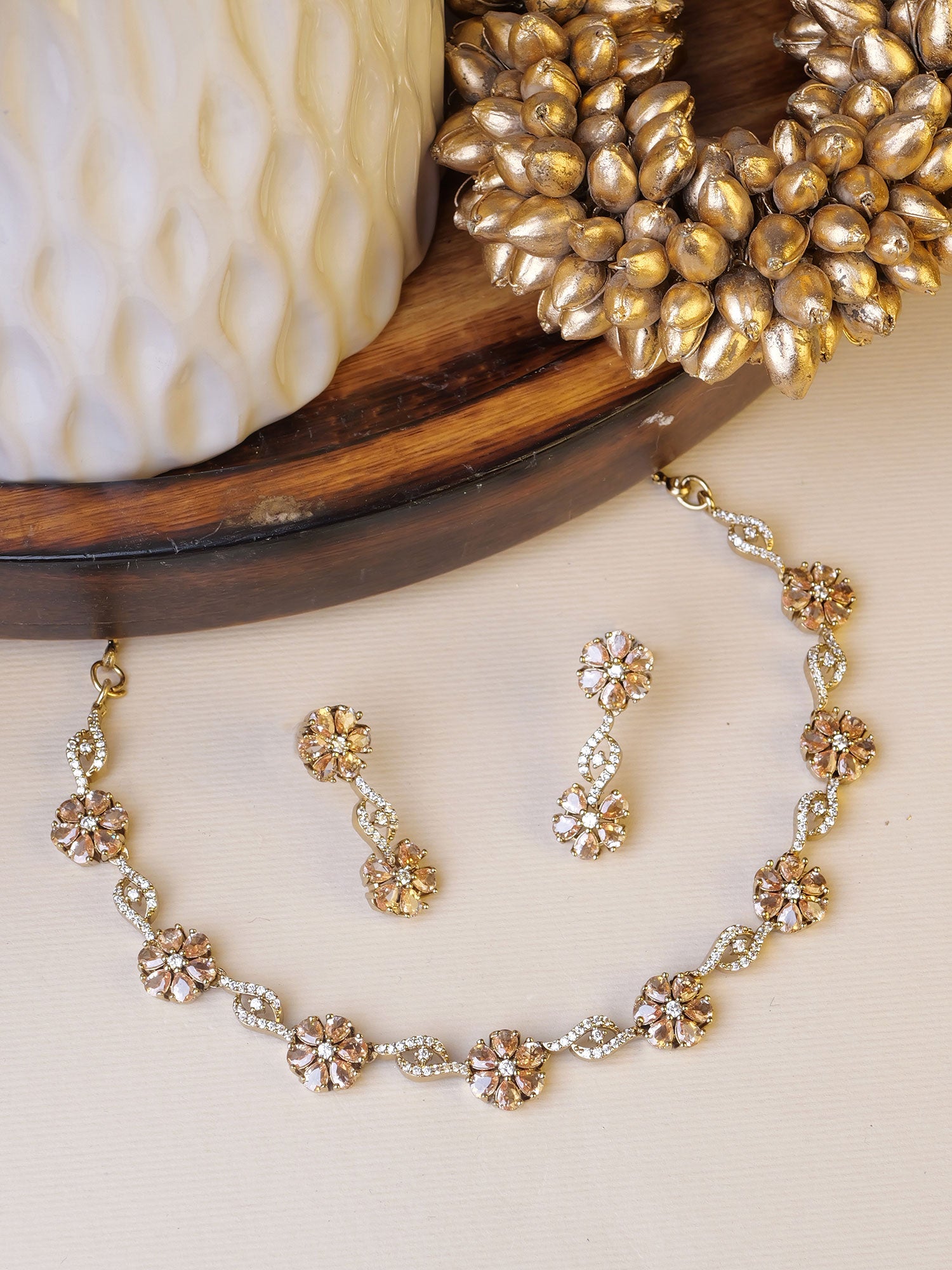 Flora Cubic Zirconia Necklace Set in Champagne