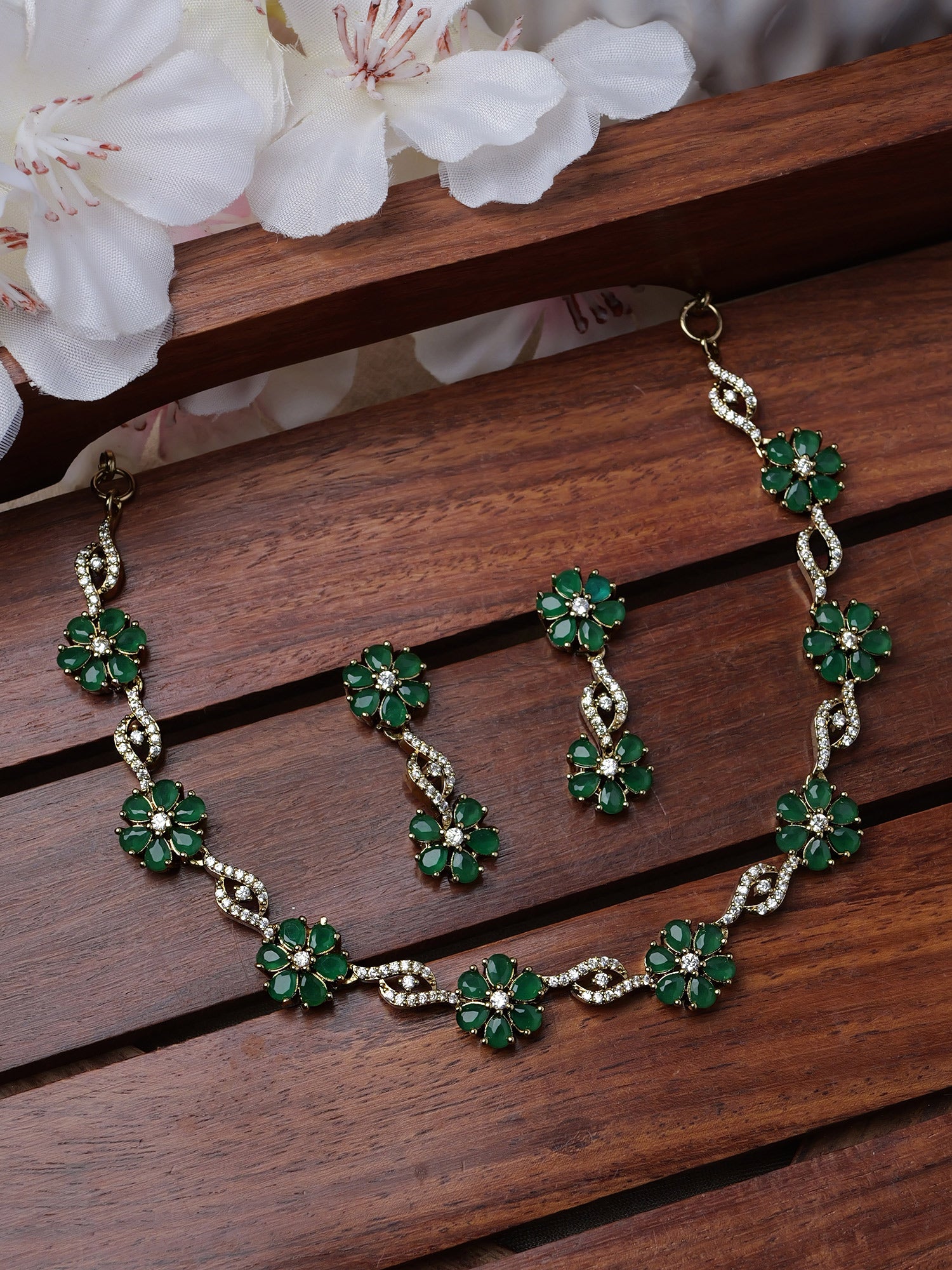 Flora Cubic Zirconia Necklace Set in Green