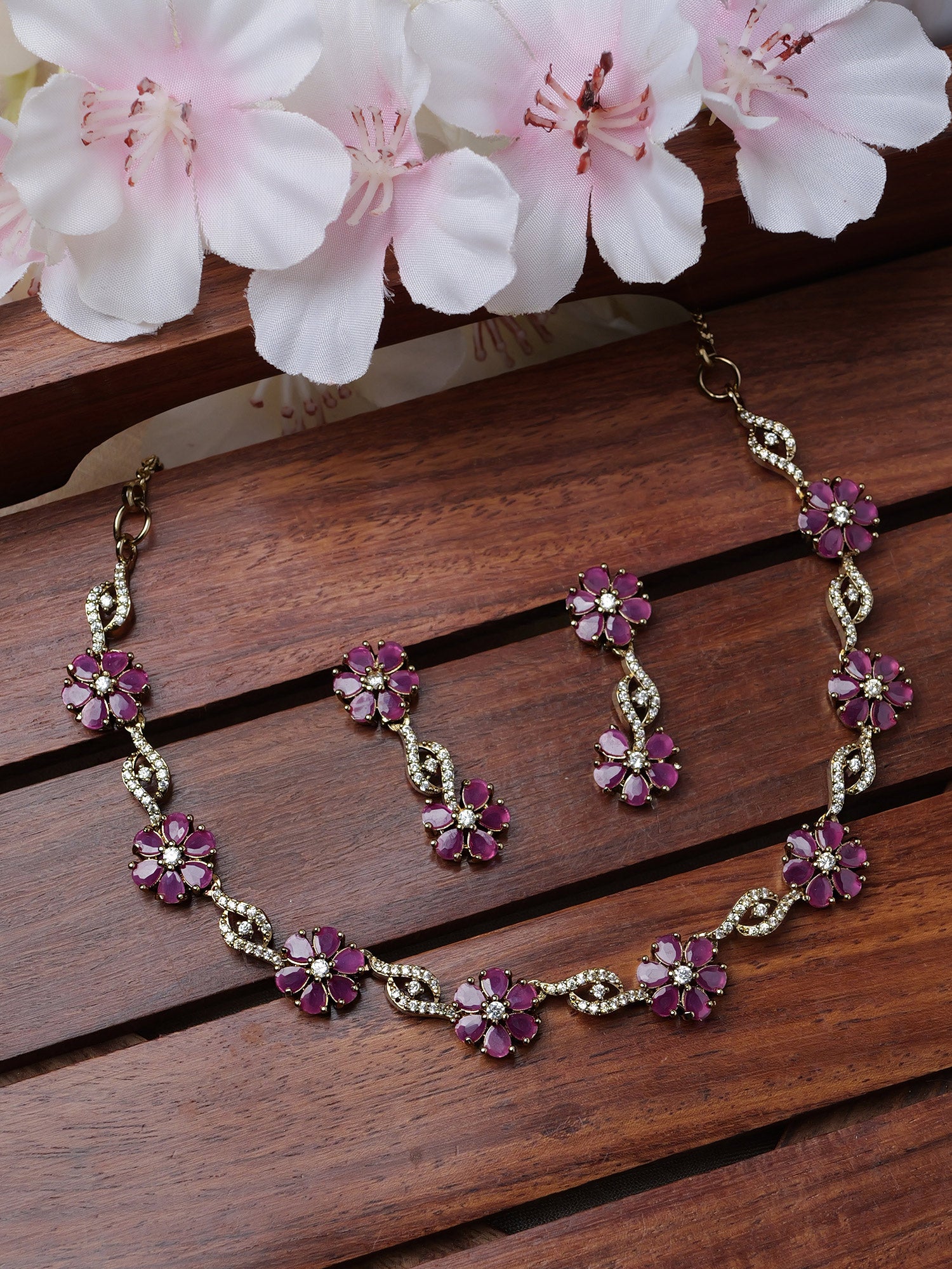 Flora Cubic Zirconia Necklace Set in Ruby