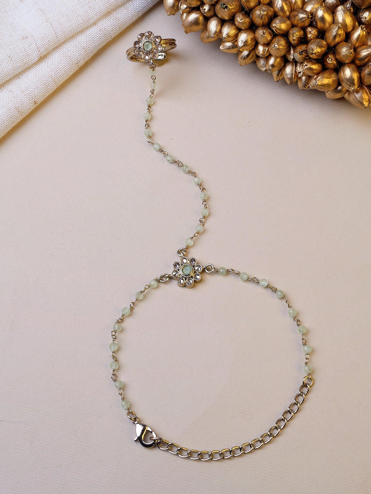 Forever Floral Hand Chain in Mint and Antique Gold
