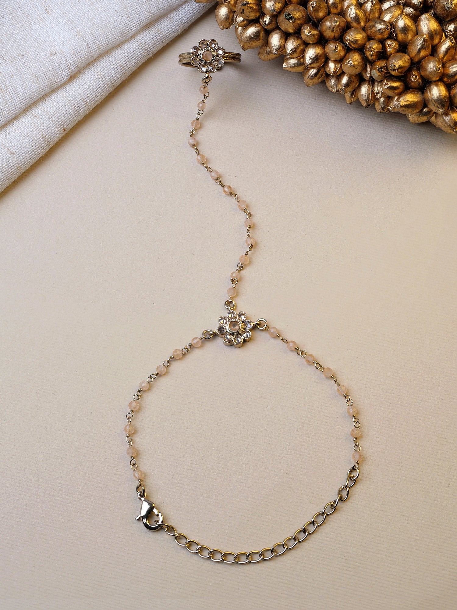 Forever Floral Hand Chain in Peach and Antique Gold