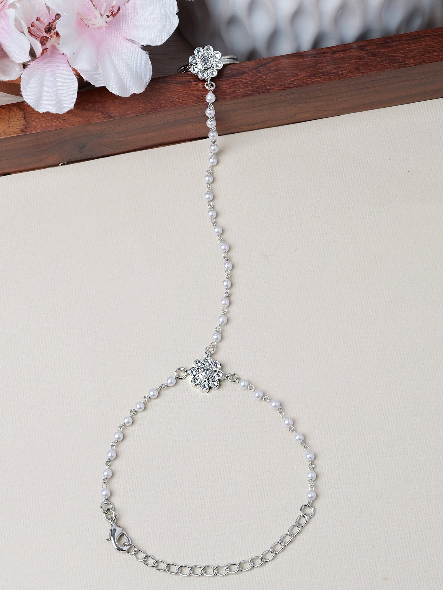 Forever Floral Hand Chain in Pearl and Rhodium