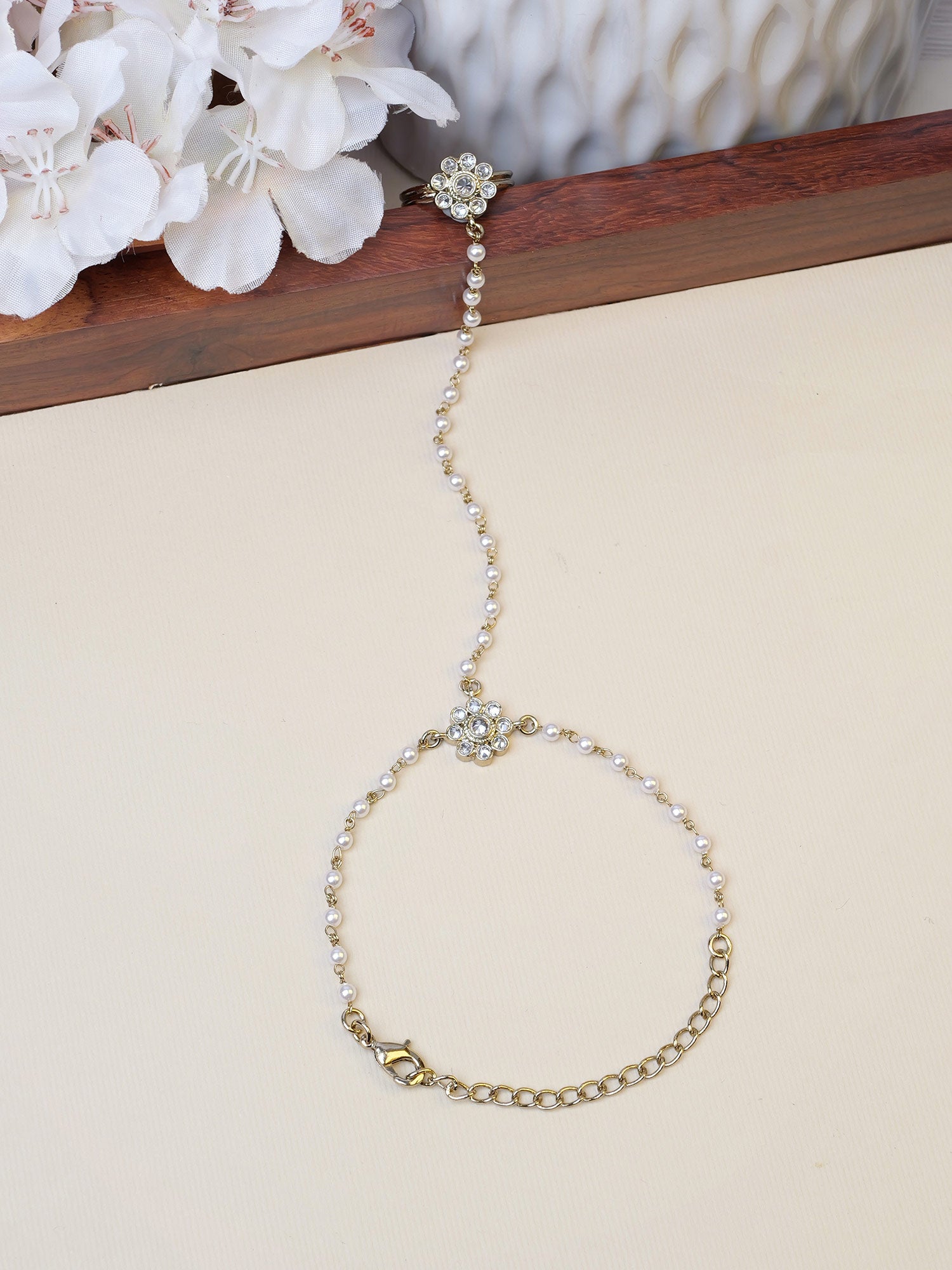 Forever Floral Hand Chain in Pearl in White
