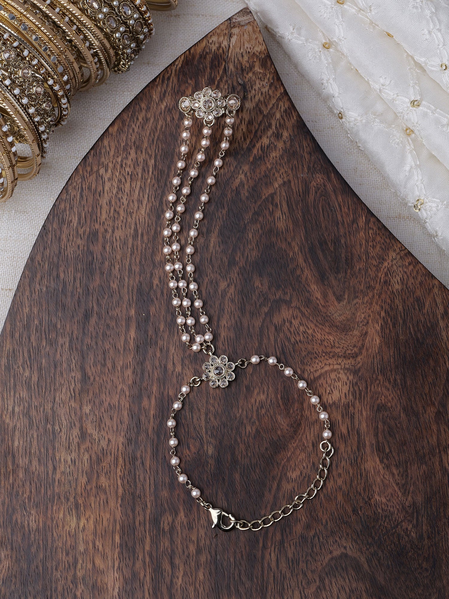 Forever Floral Triple Hand Chain in Pearl and Champagne