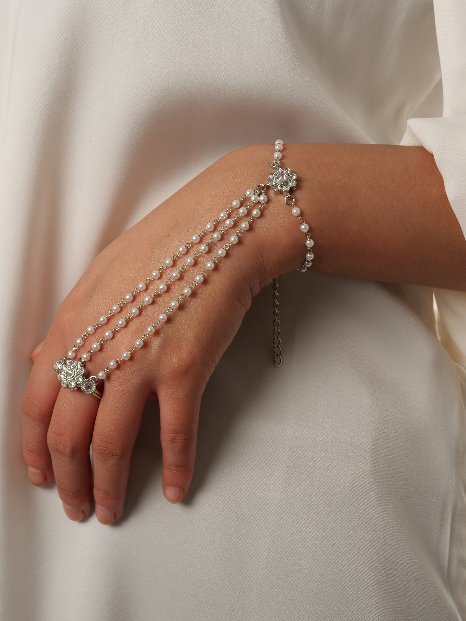 Forever Floral Triple Hand Chain in Pearl and Rhodium