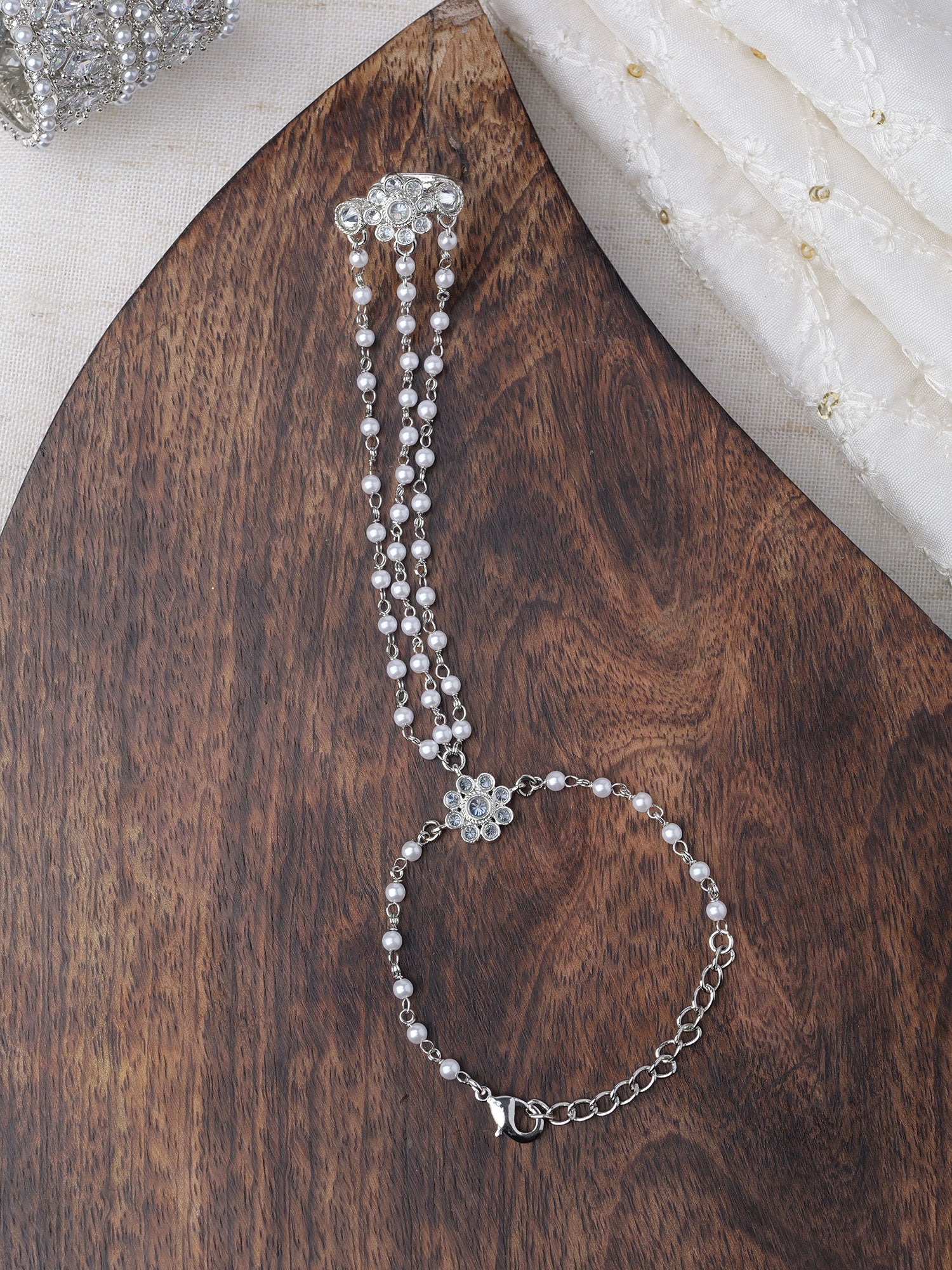 Forever Floral Triple Hand Chain in White and Rhodium