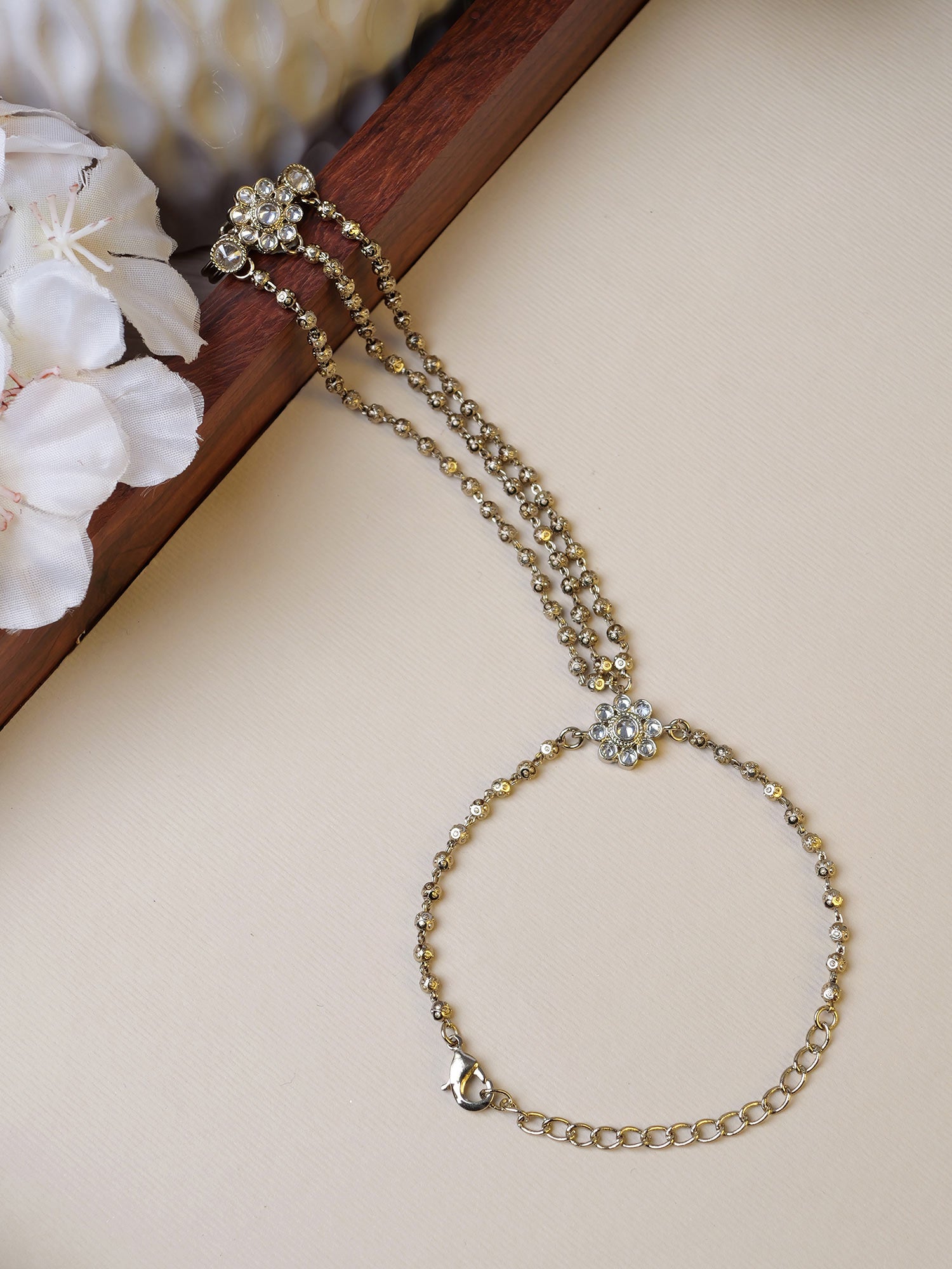 Forever Floral Triple Hand Chain in White and Antique Gold