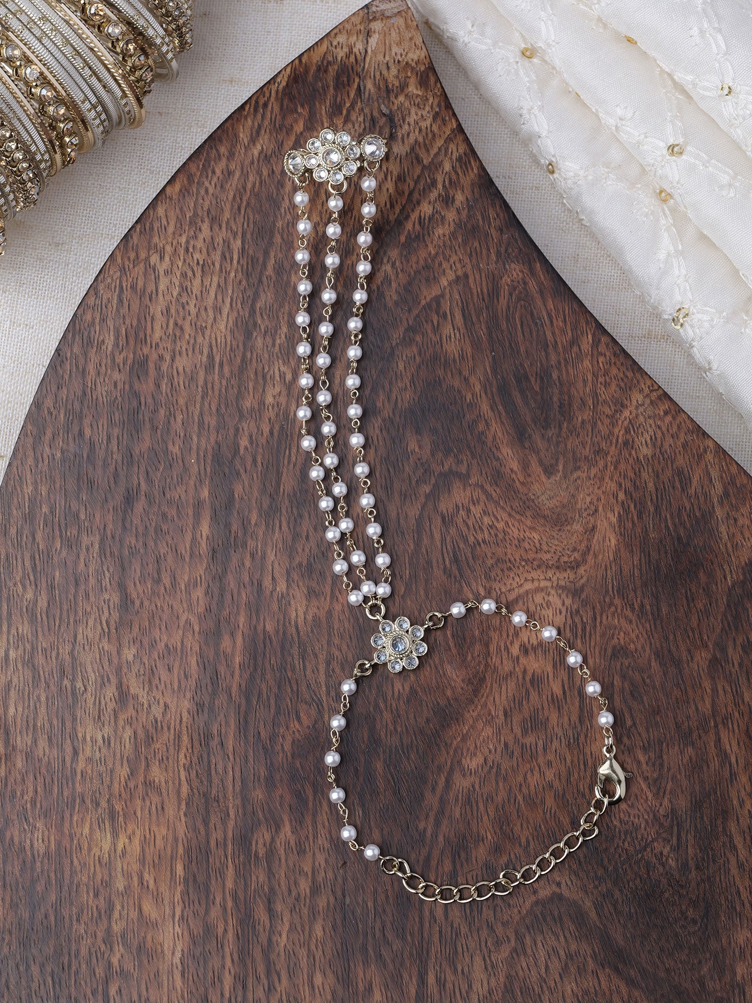 Forever Floral Triple Hand Chain in White and Antique Gold