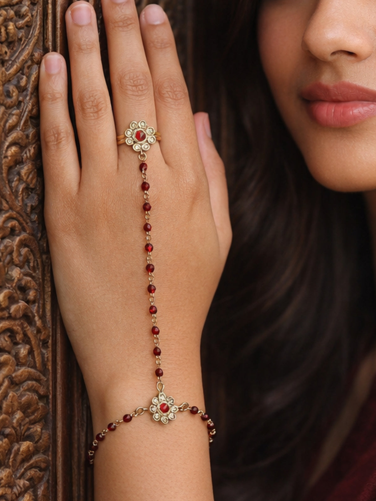 Forever Floral Hand Chain in Maroon and Antique Gold