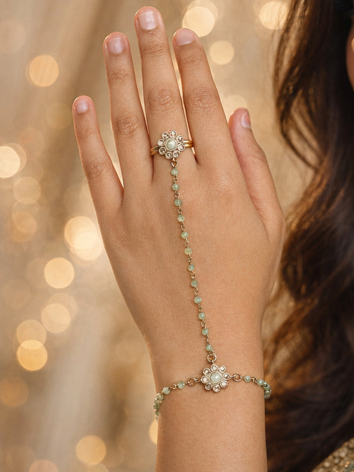 Forever Floral Hand Chain in Mint and Antique Gold