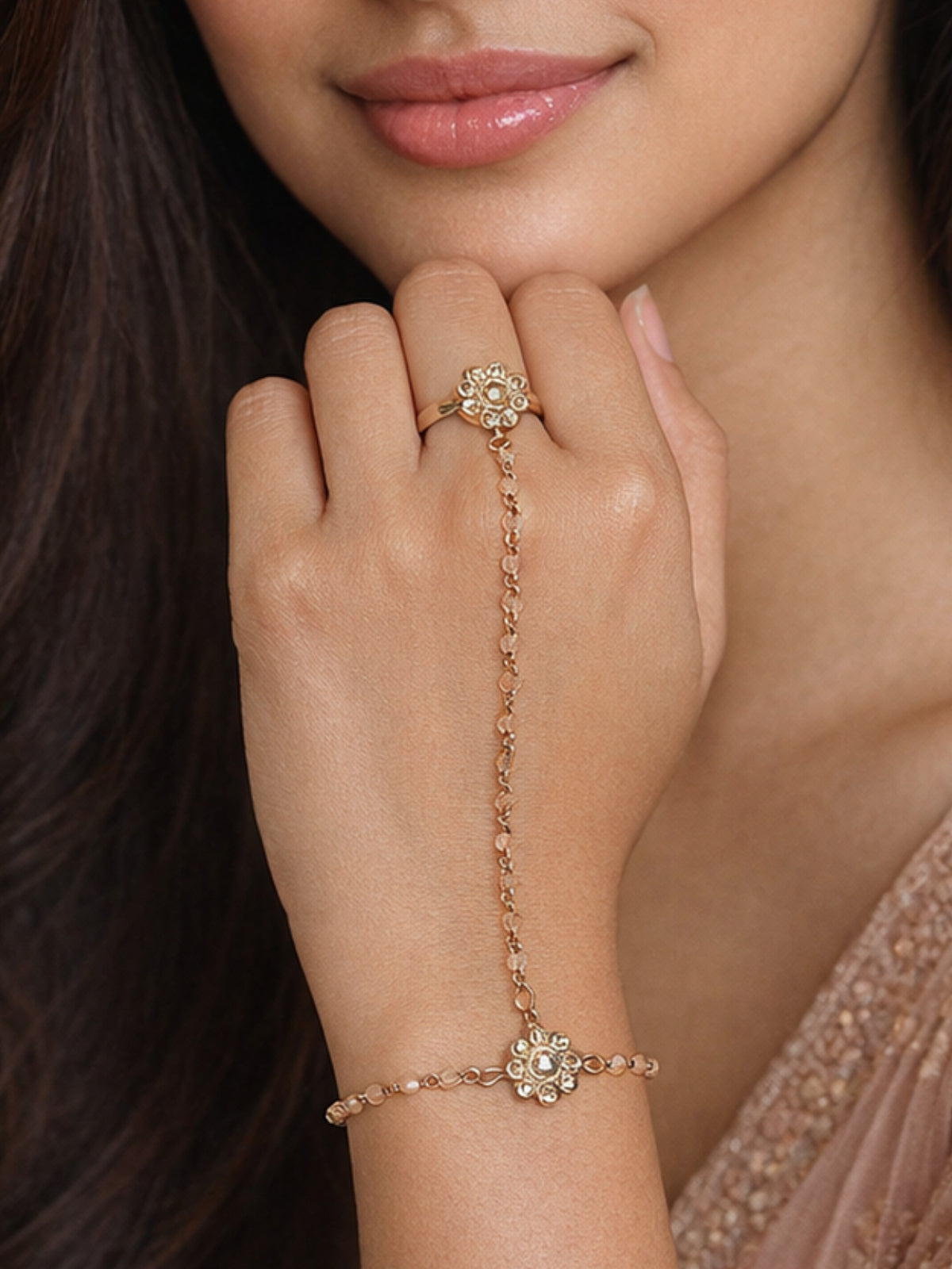 Forever Floral Hand Chain in Peach and Antique Gold