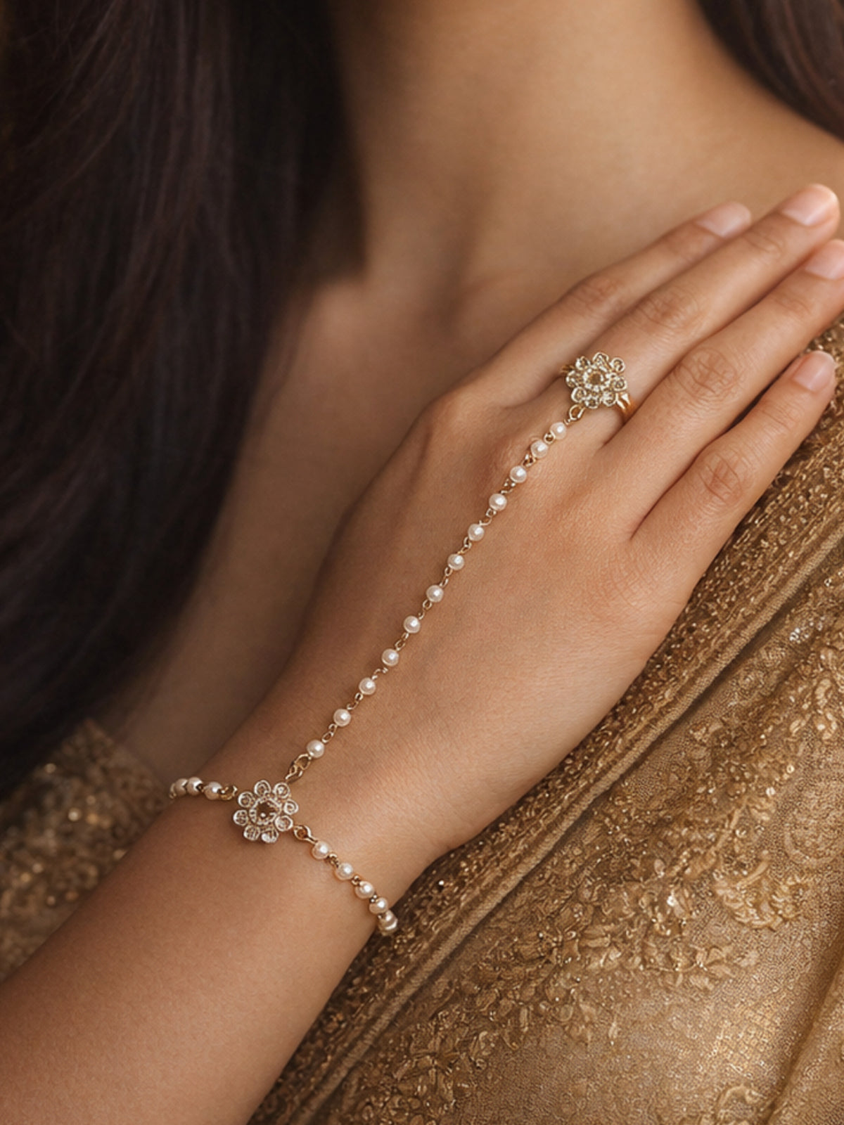 Forever Floral Hand Chain in Pearl and Champagne
