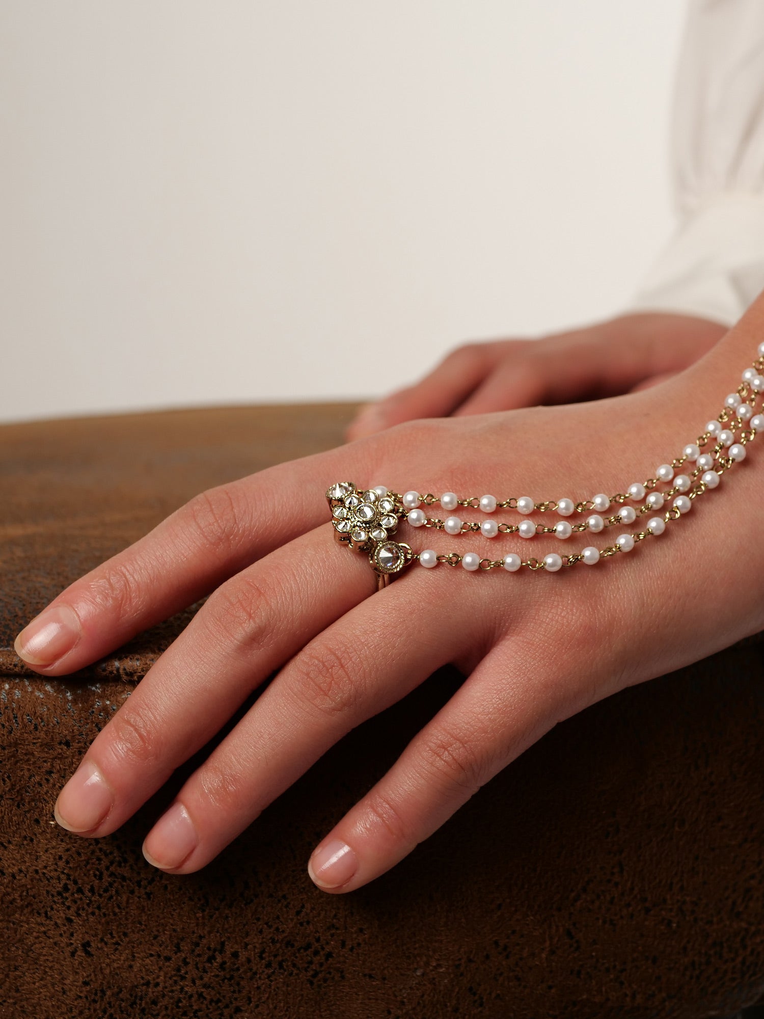 Forever Floral Triple Hand Chain in White and Antique Gold