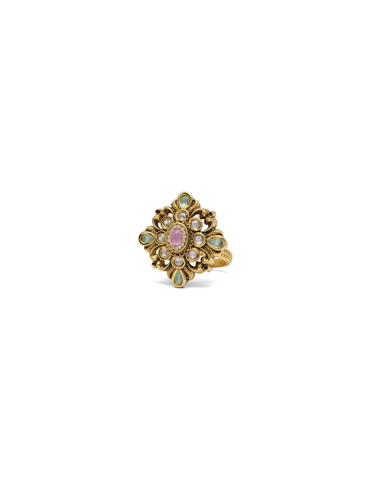 Gayatri Kundan Ring in Pink and Mint
