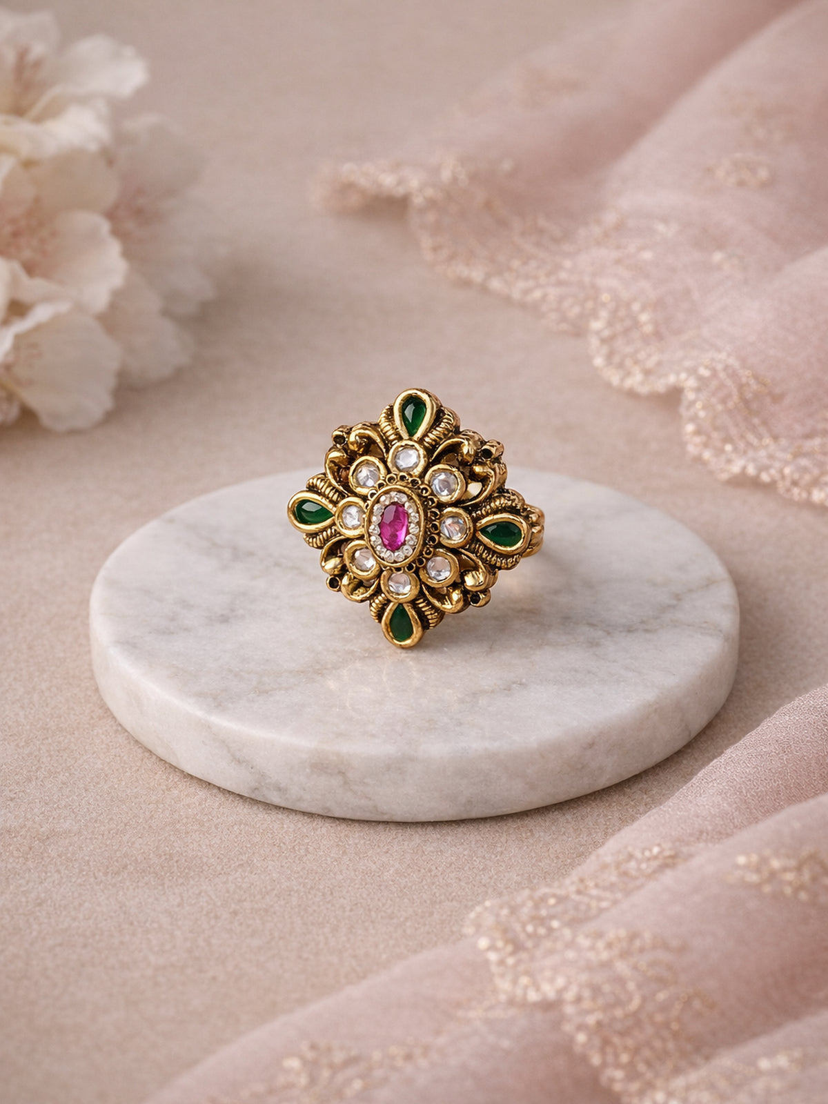 Gayatri Kundan Ring in Hot Pink and Green