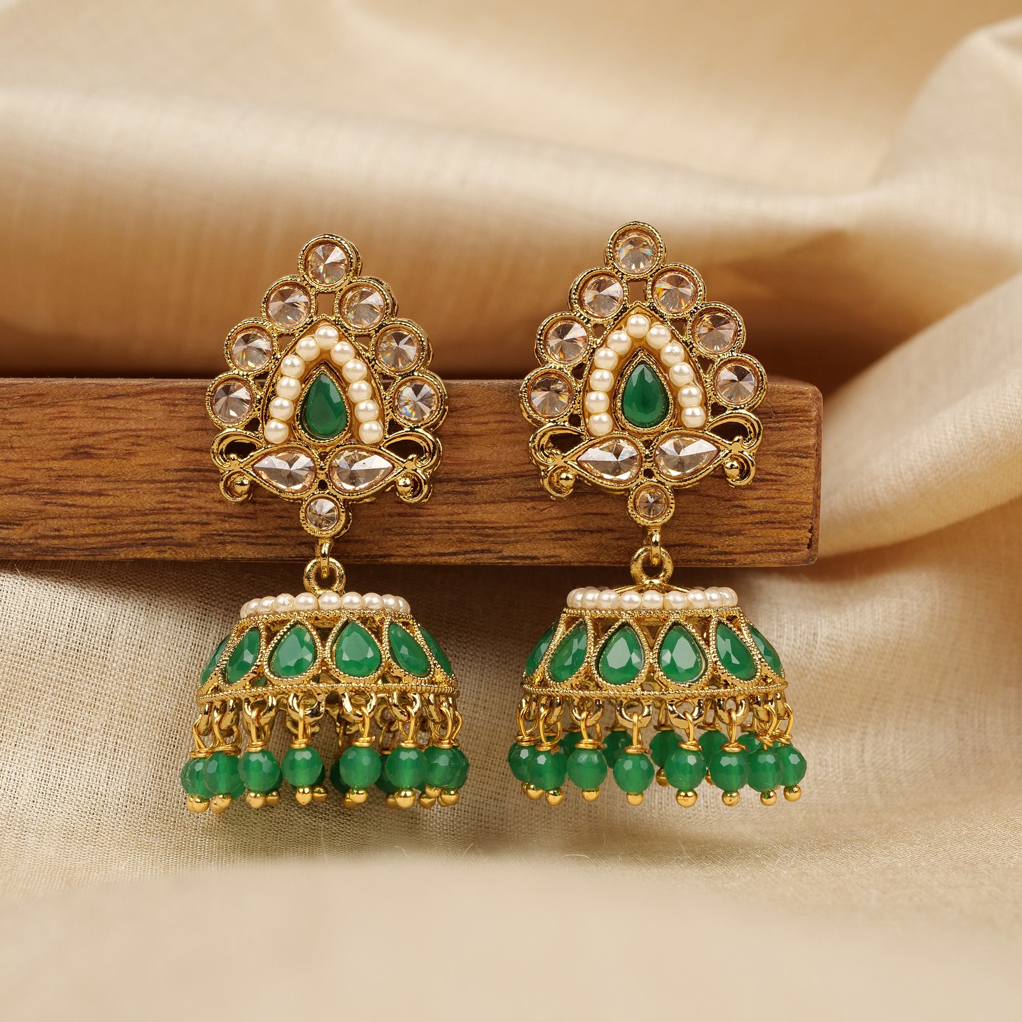 Green And Pearl Jhumka Earrings