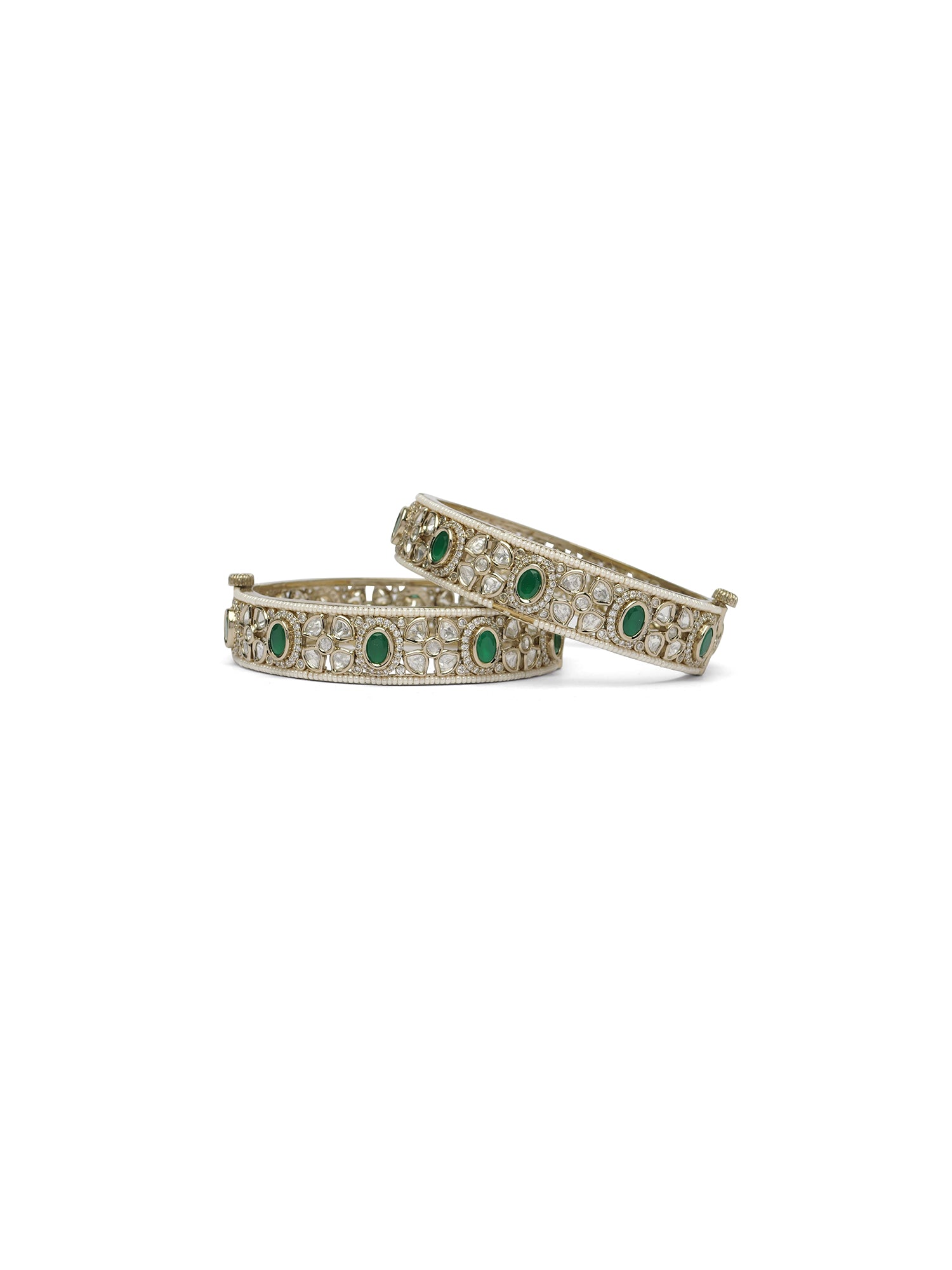 Gulbadan Kundan Pearl Bangles in Green