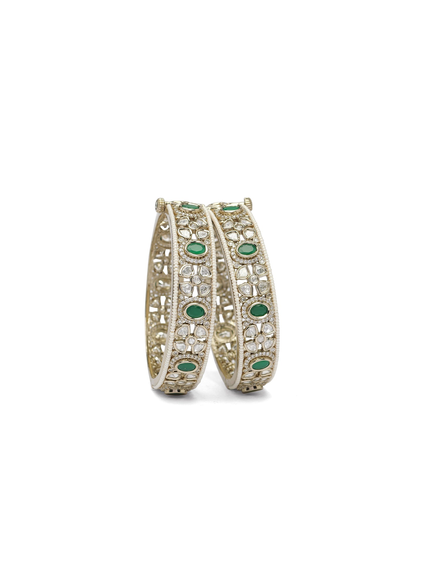 Gulbadan Kundan Pearl Bangles in Green