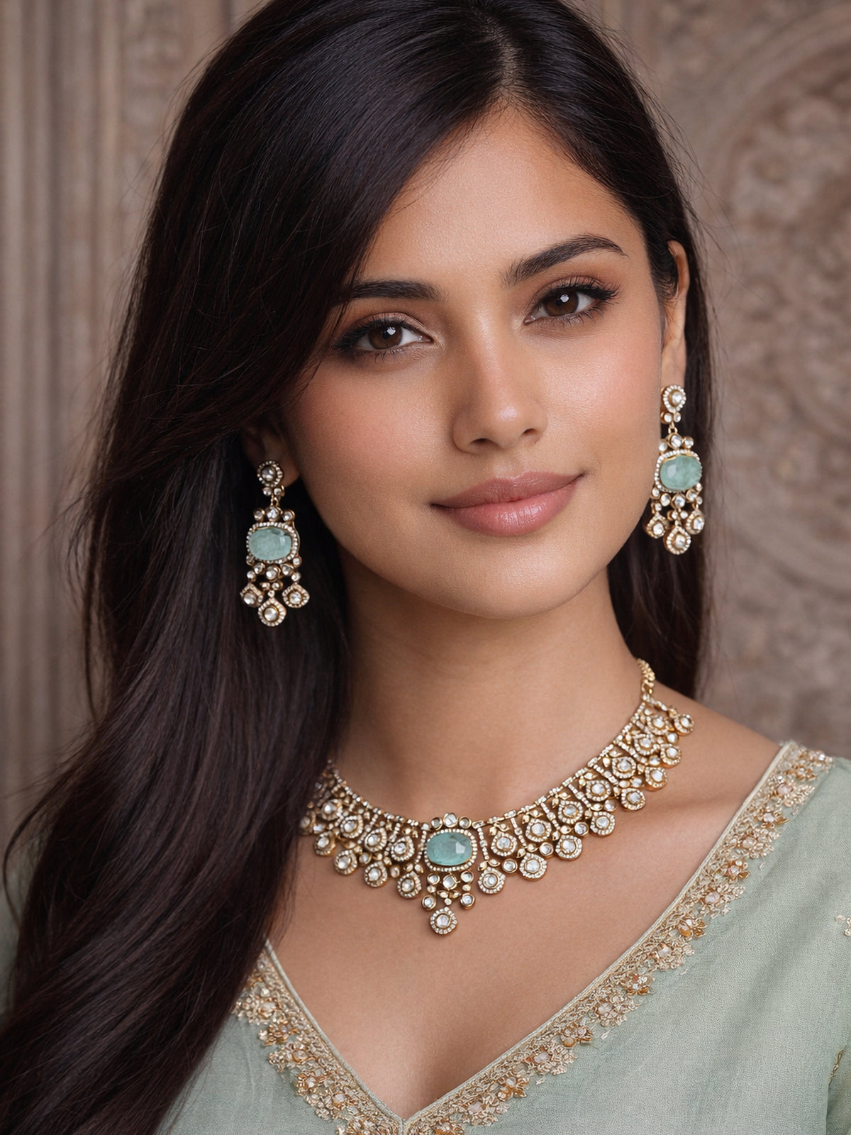 Gulnaar Kundan Necklace Set in Light Blue 