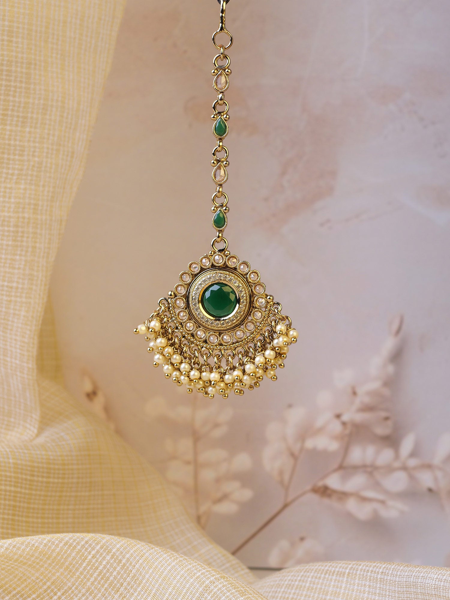 Gulshan Maang Tikka in Green and Antique Gold